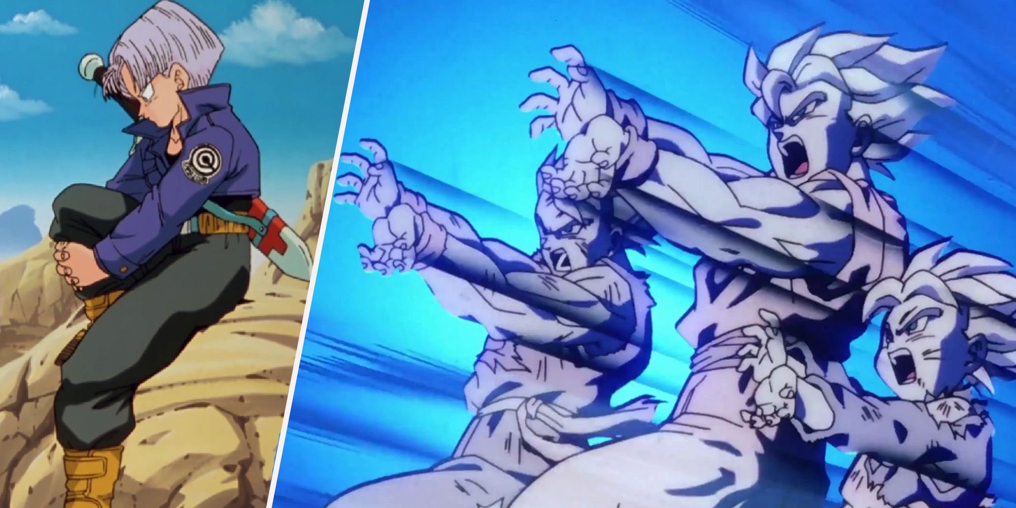 On the left Future Trunks is sitting, on the right Gohan, Goku, and Goten perform a family Kamehameha.