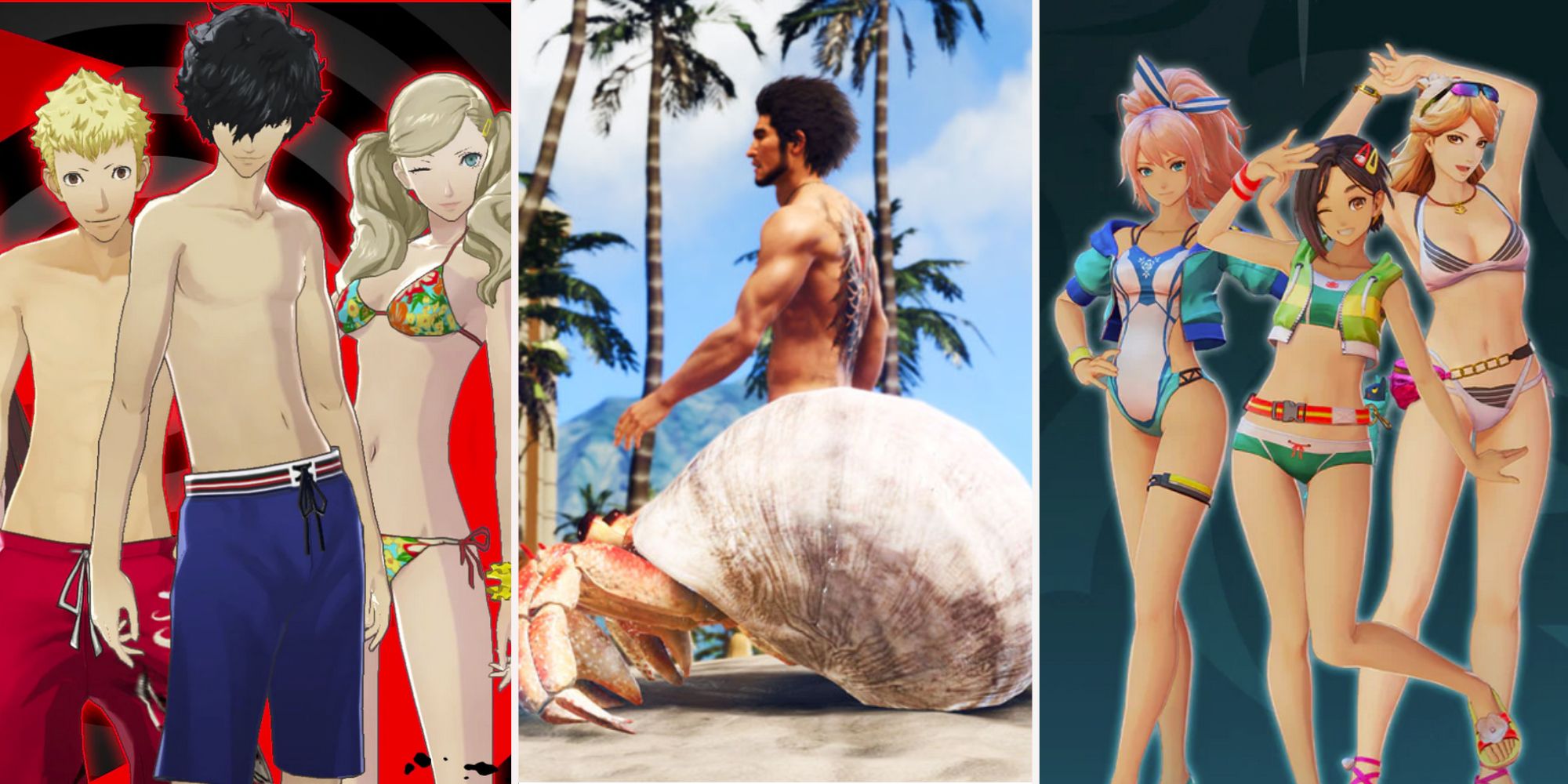 Three charactes from Persona 5, the protagonist of Like a Dragon, and three characters from Tales of Arise are in swimwear.