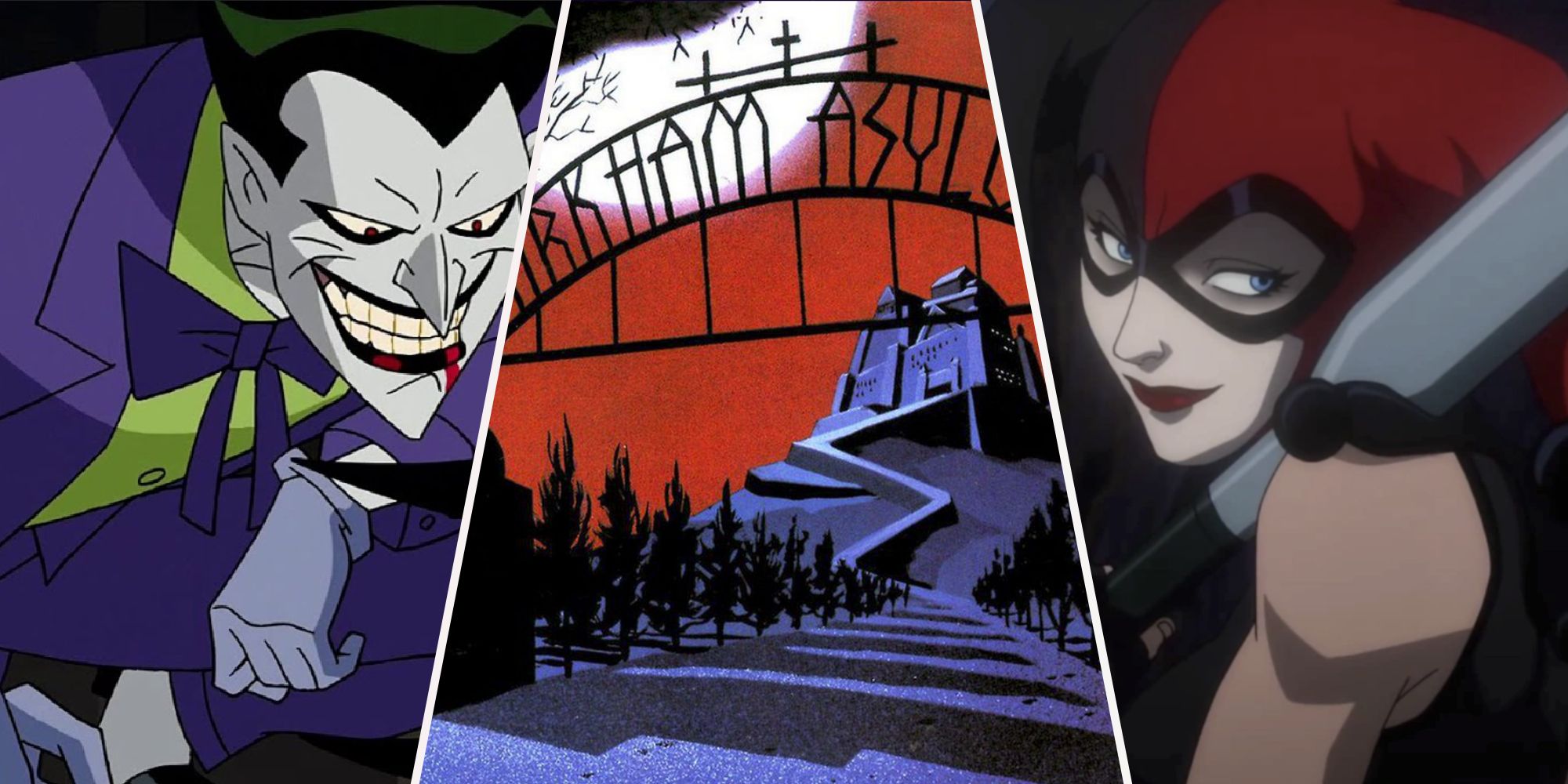 The Joker and Harley Quinn flank an image of Arkham Asylum