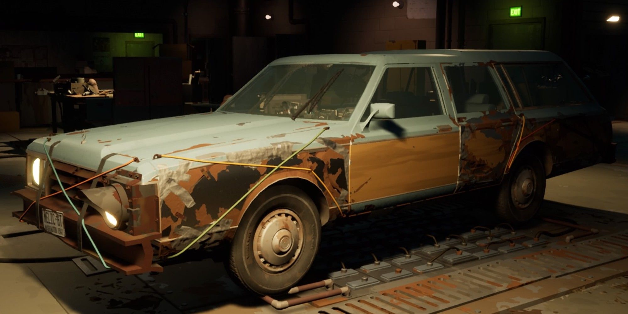 View of the car driven by the player, with several crude parts attached as well as some newer parts parked in the Auto Shop in Pacific Dive.