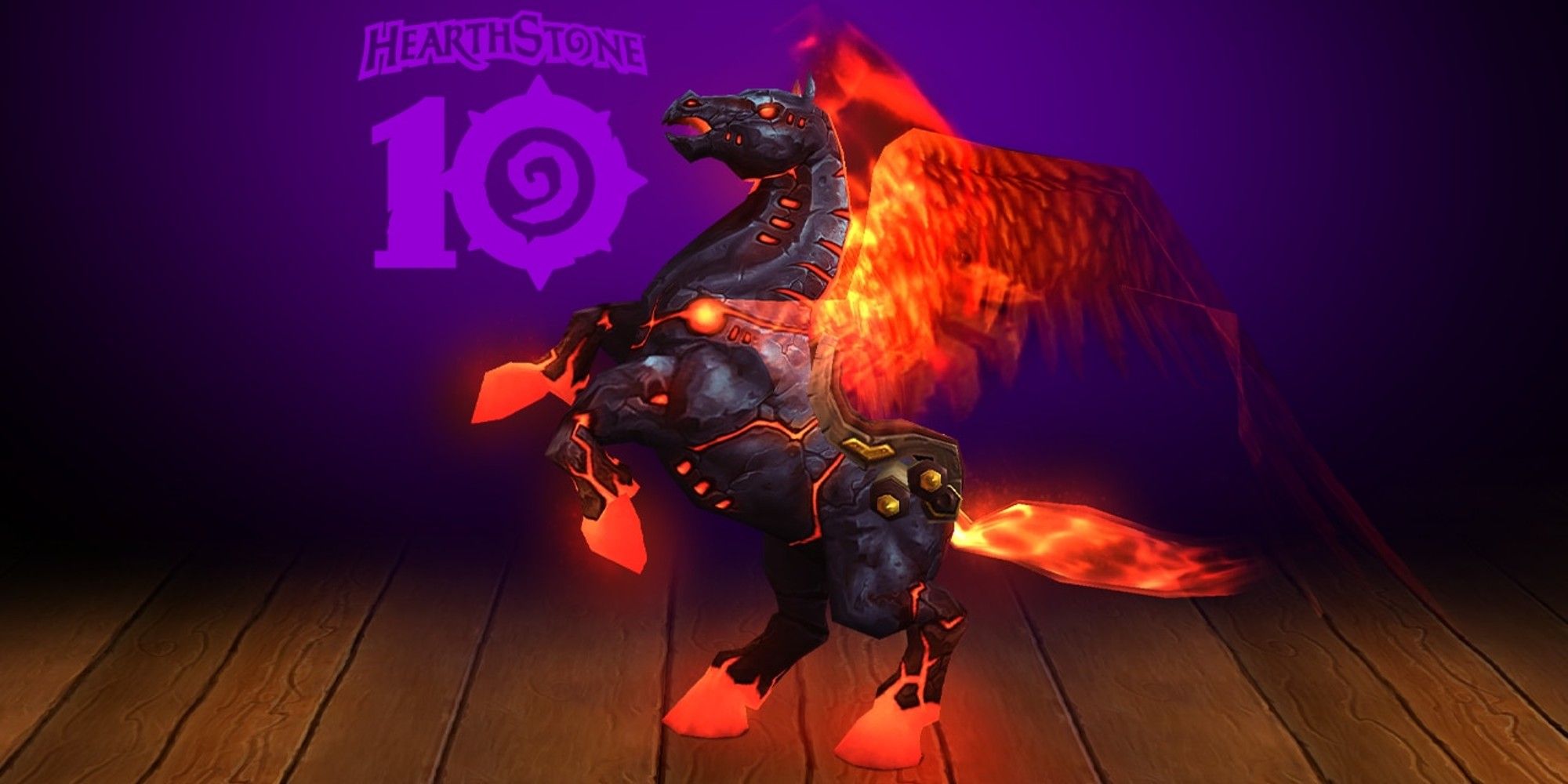 The Fiery Hearthsteed rearing on its hindlegs with the Hearthsone 10 logo in the background for World of Warcraft.