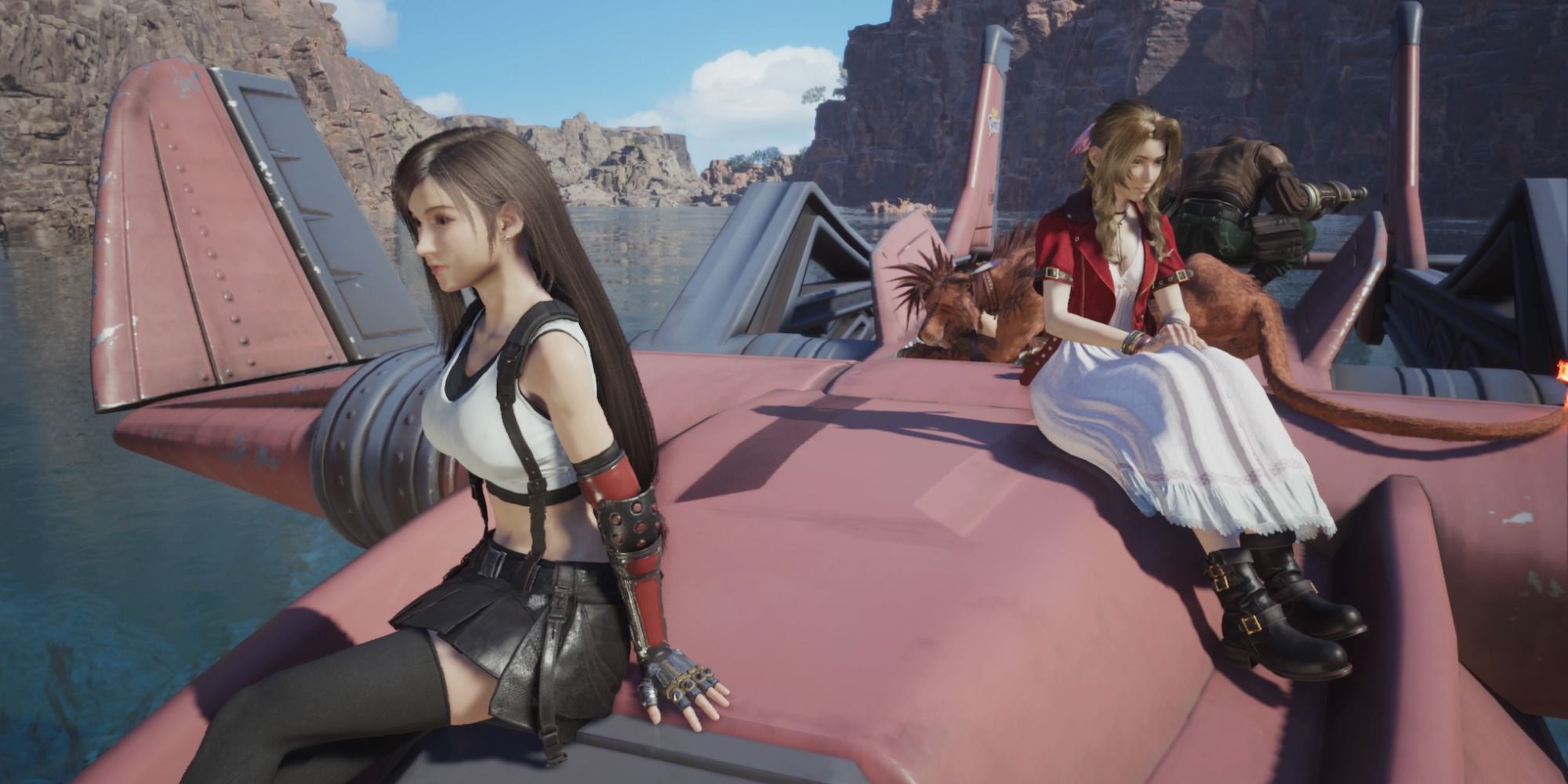 Tifa and Aerith sitting on the Tiny Bronco