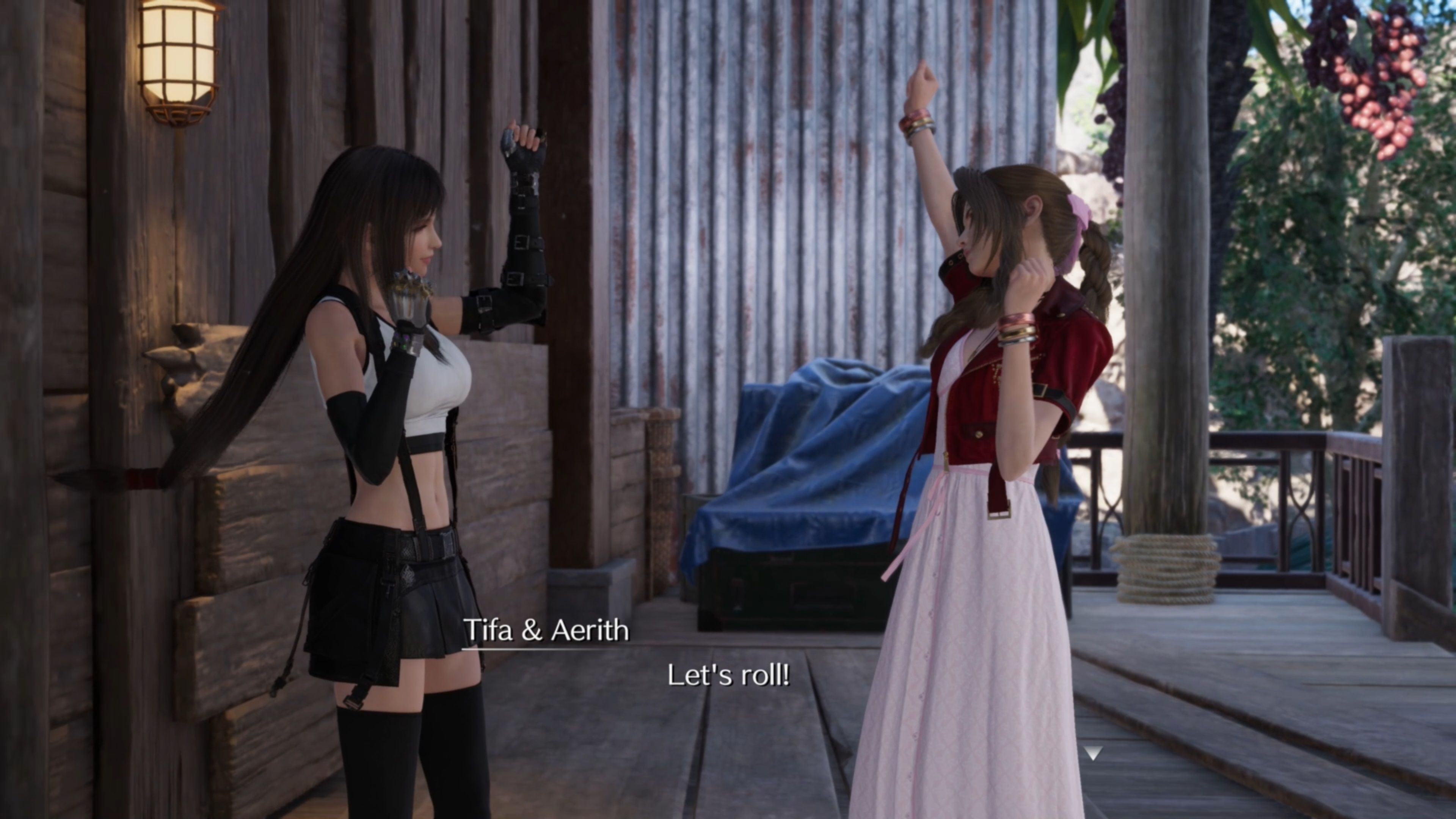 Final Fantasy 7 Rebirth, Tifa and Aerith celebrating in Chapter 6