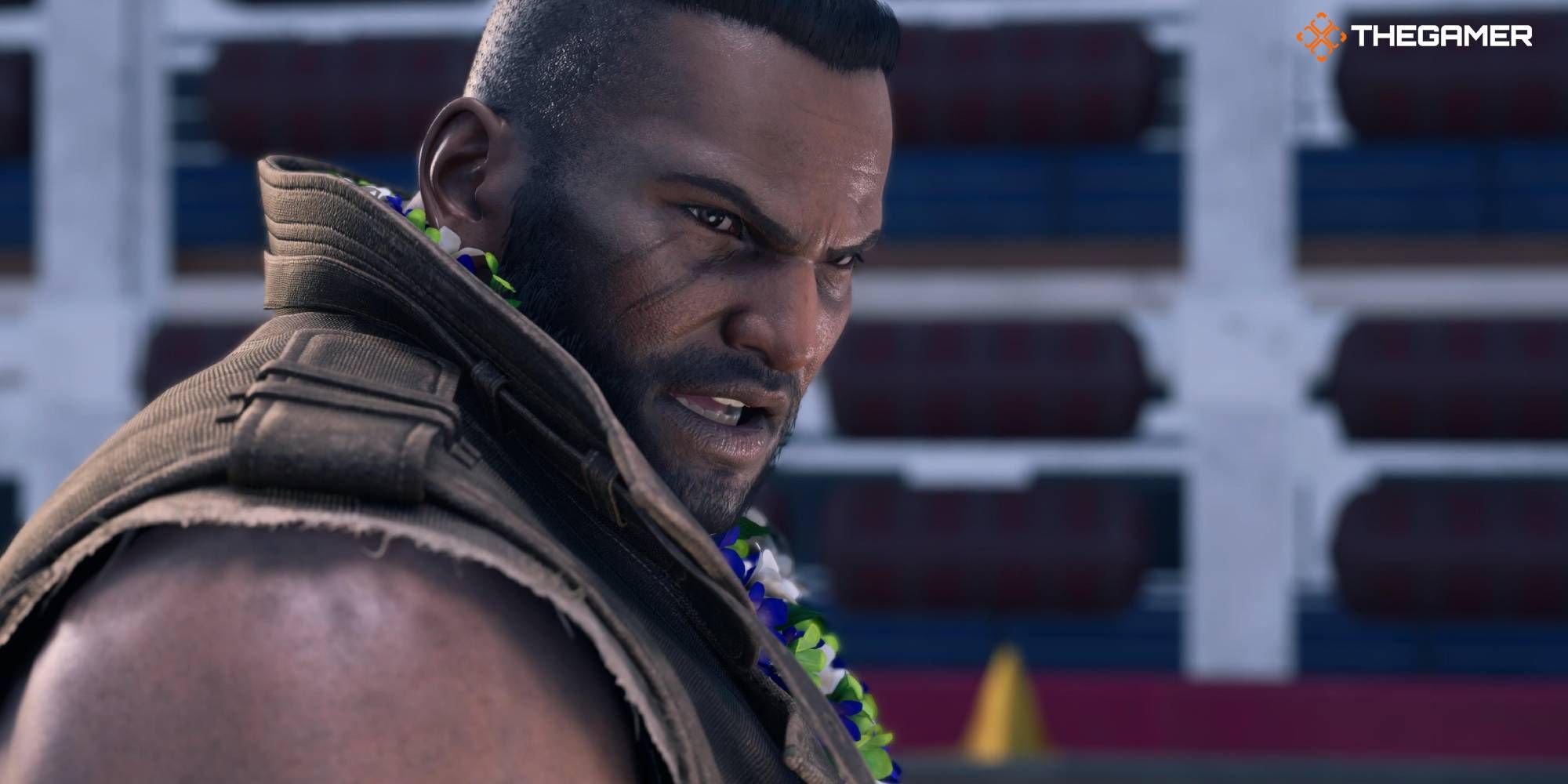 Final Fantasy 7 Rebirth feature image of Barret Wallace wearing a lei in Costa del Sol