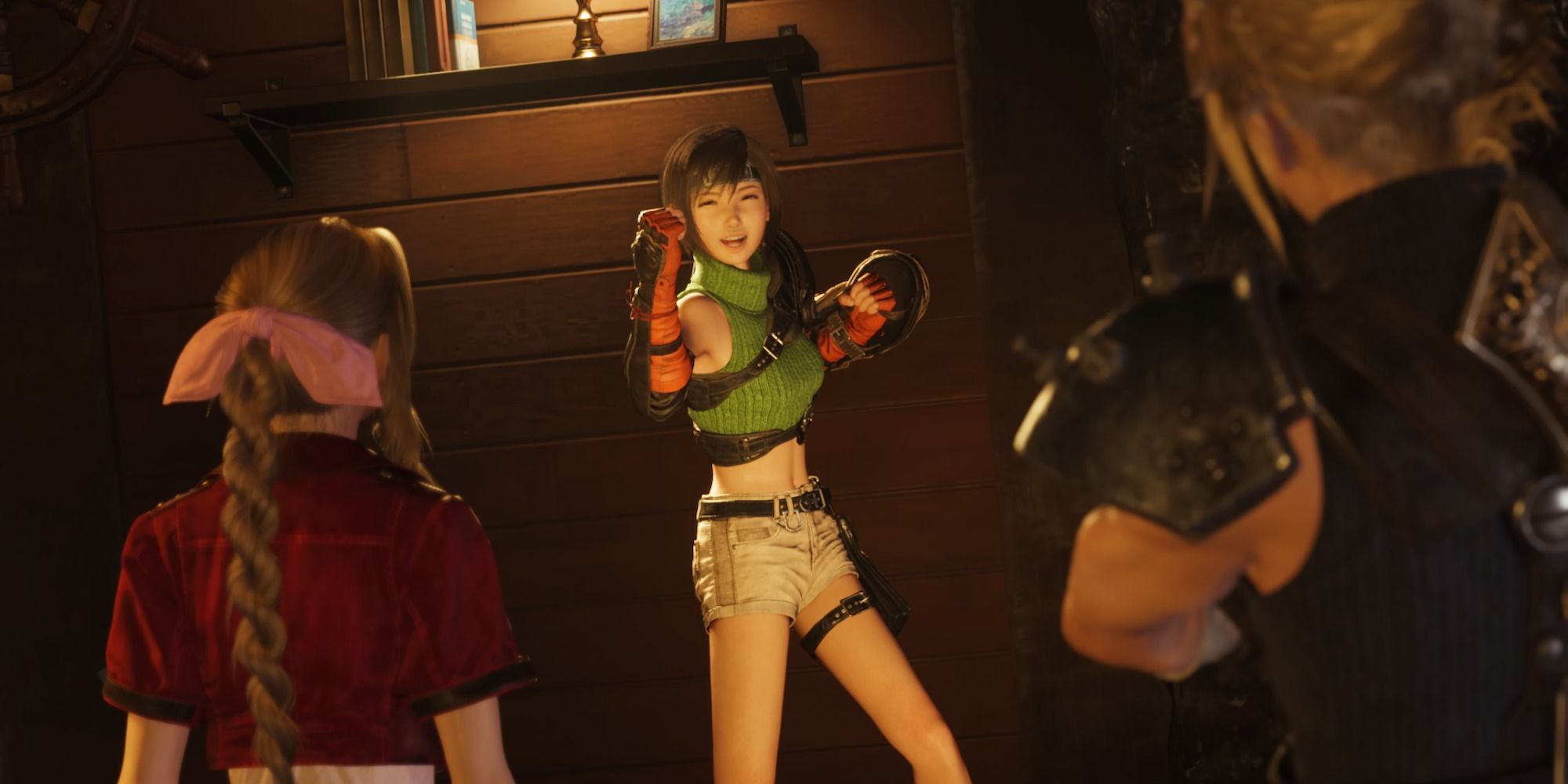 Yuffie giving a pose to Cloud and Aerith