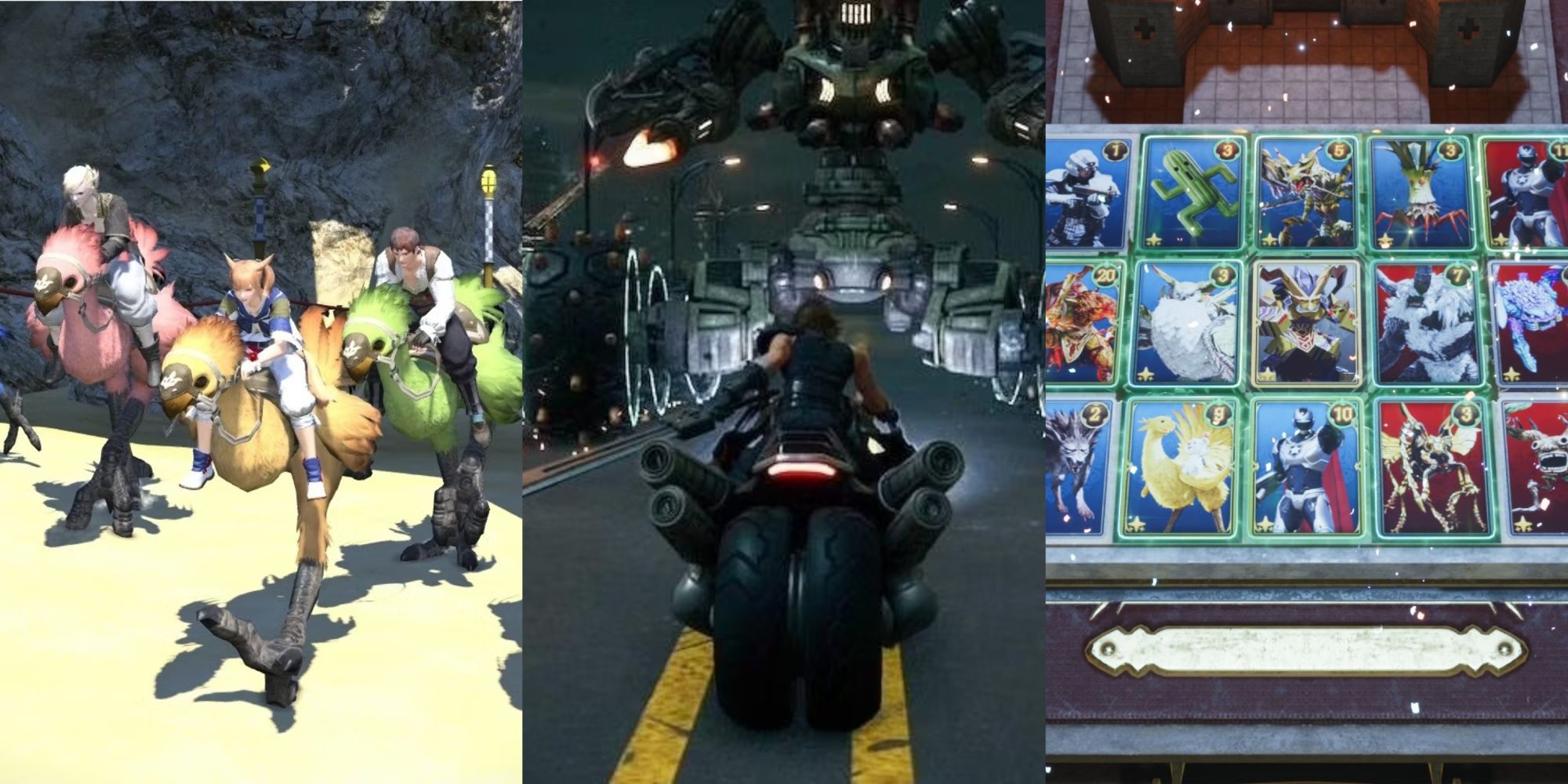 Final Fantasy Best Minigames Feature Image showing chocobo racing in ff14, g-bike in ff7 remake, an queen's blood in ff7 rebirth