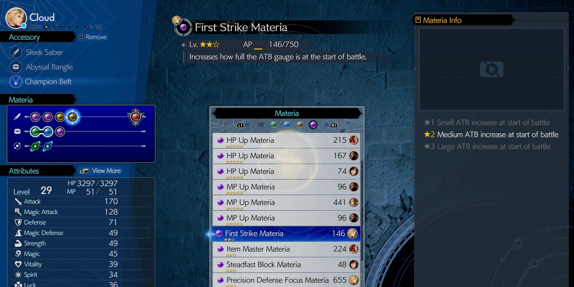 first strike materia shown in menu in final fantasy 7 rebirth