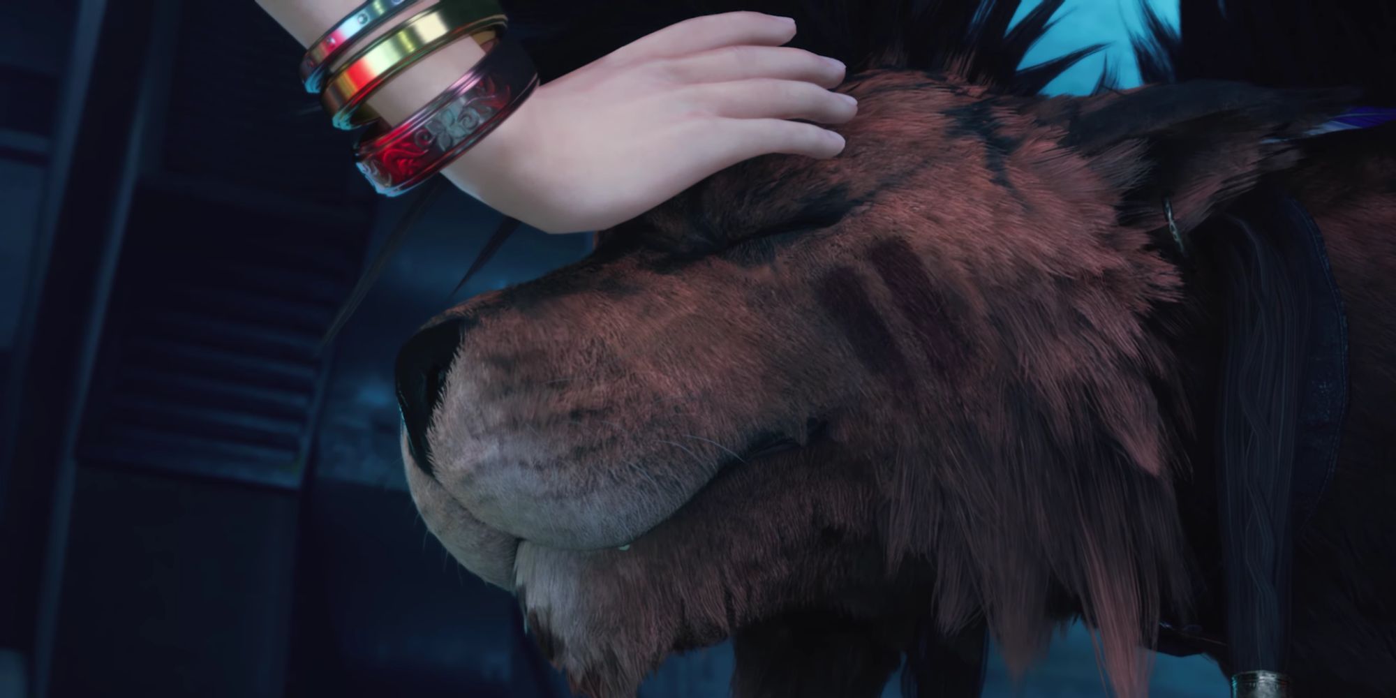 Red XIII being stroked by Aerith in Final Fantasy 7 Remake.
