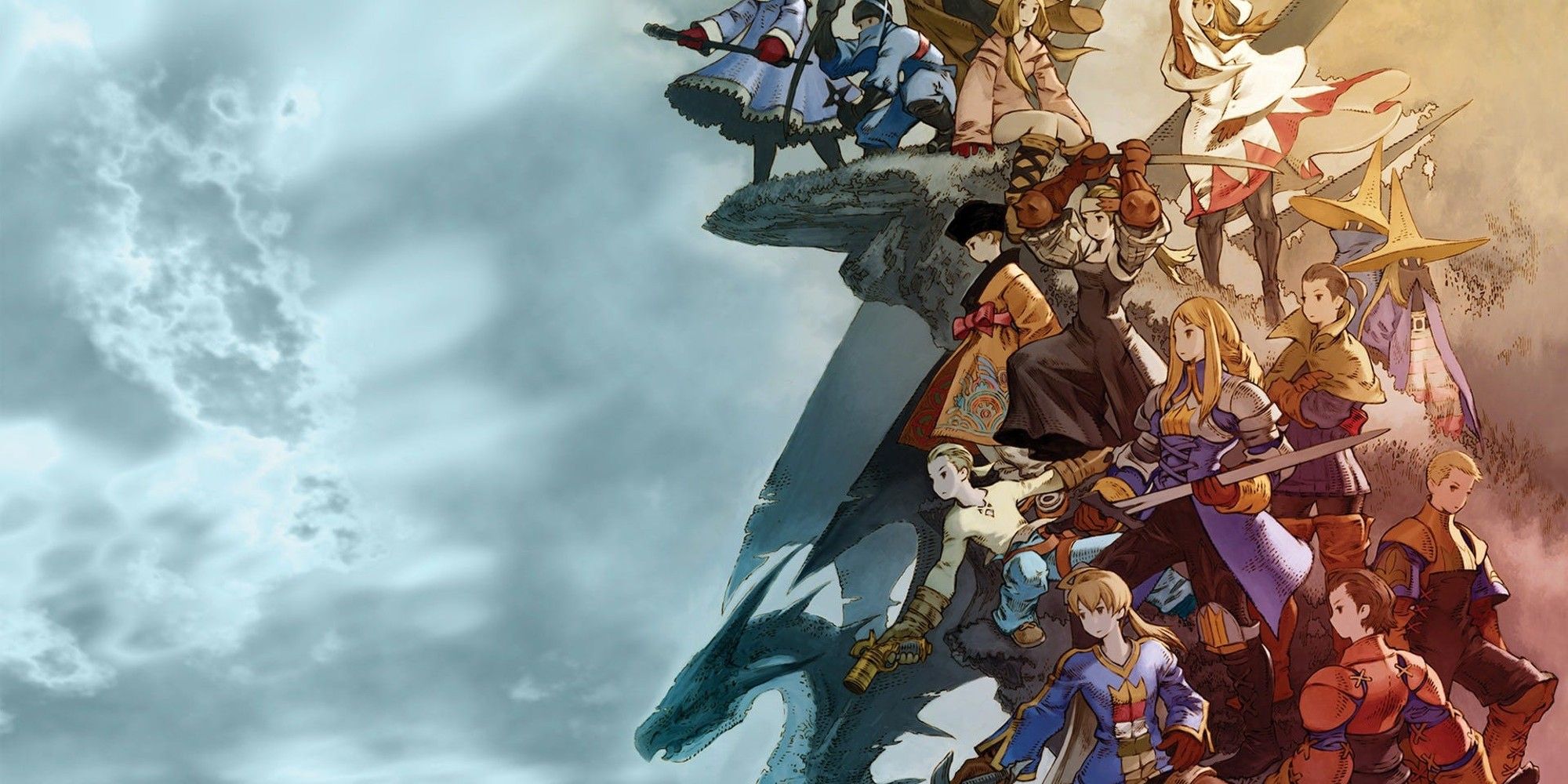 The main characters of Final Fantasy Tactics gathered against a cloudy sky.