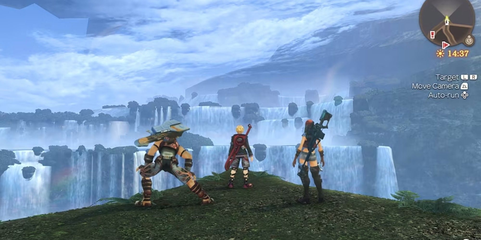 Shulk, Reyn, and Sharla overlooking waterfalls.