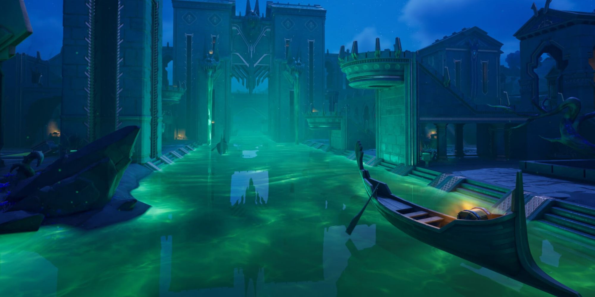 An image from Fortnite Chapter 5 Season 2 of the Grim Gate POI. This location is the entrance to the Underworld, meaning there is a large gate that the River St flows through. 