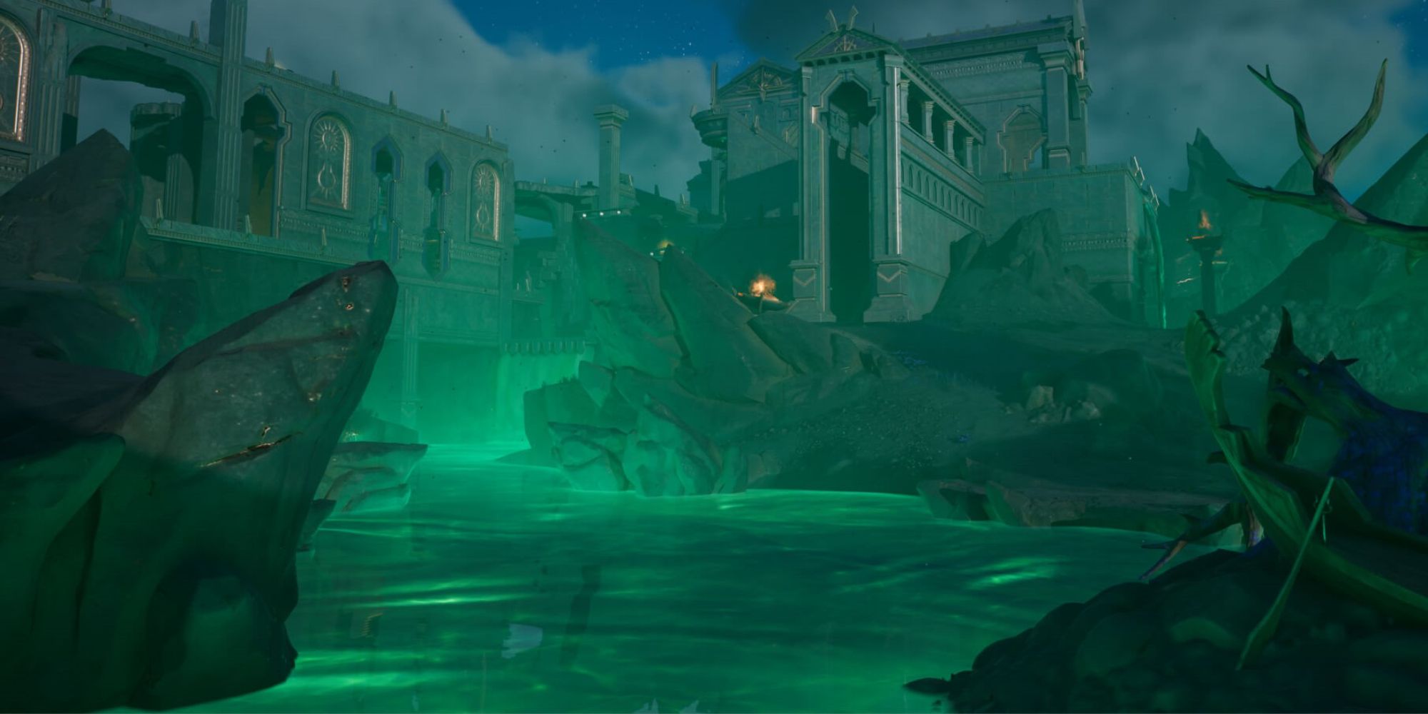 An image from Fortnite Chapter 5 Season 2 of the The Underworld POI, which features a large dark castle surrounded by a green river. 