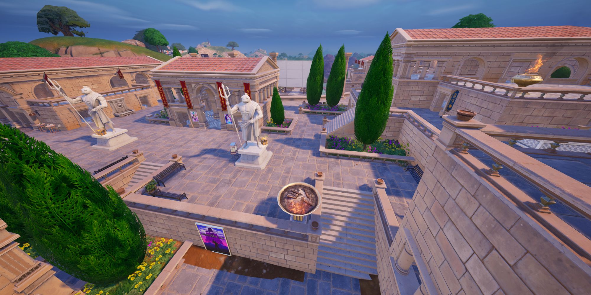 An image from Fortnite of the Restored Reels POI, which features greek buildings and a large movie screen. 