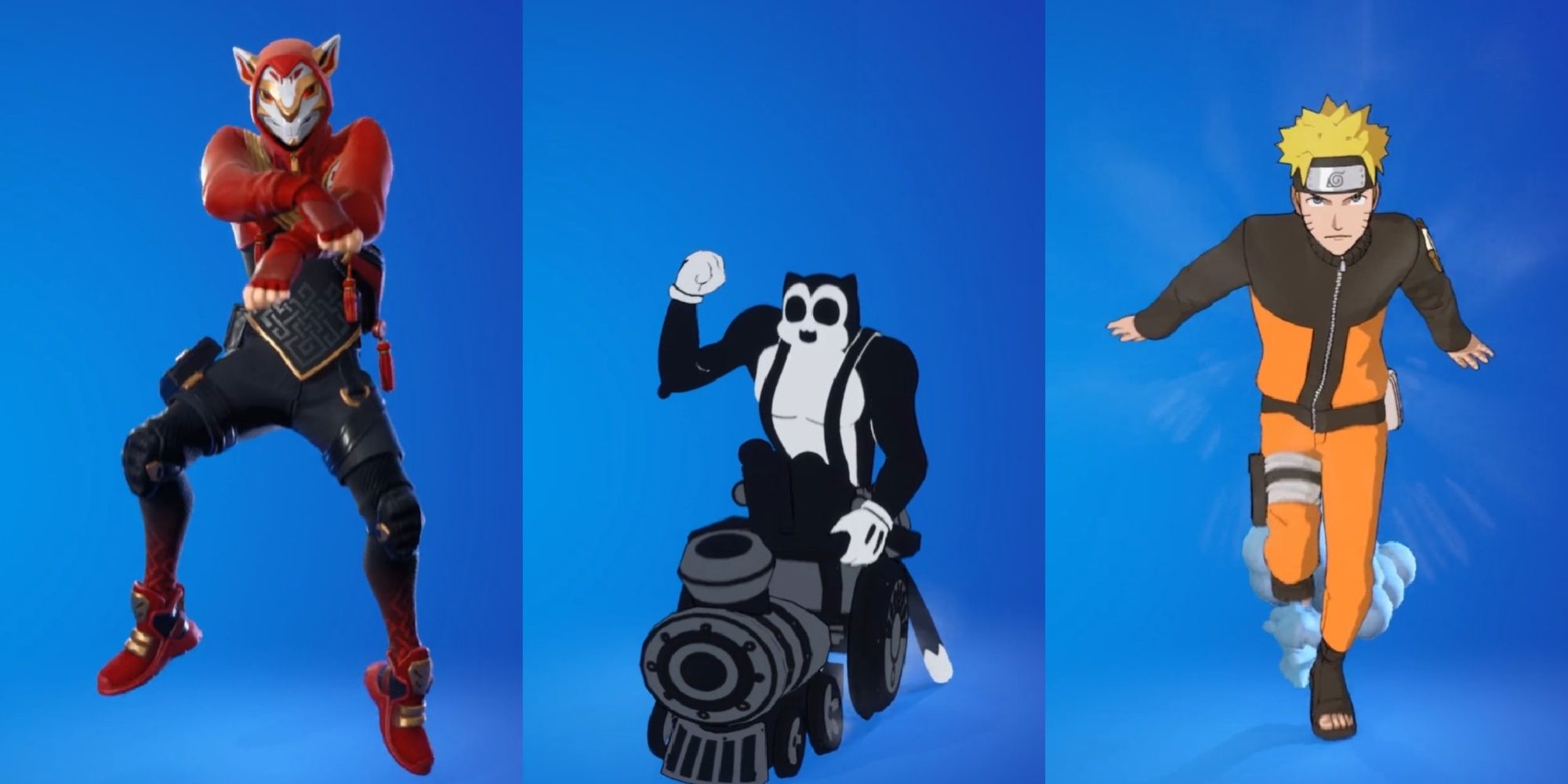 An image from Fortnite of three different Traversal Emotes, called Gangnam Style, Chugga-Chugga, and Full Tilt