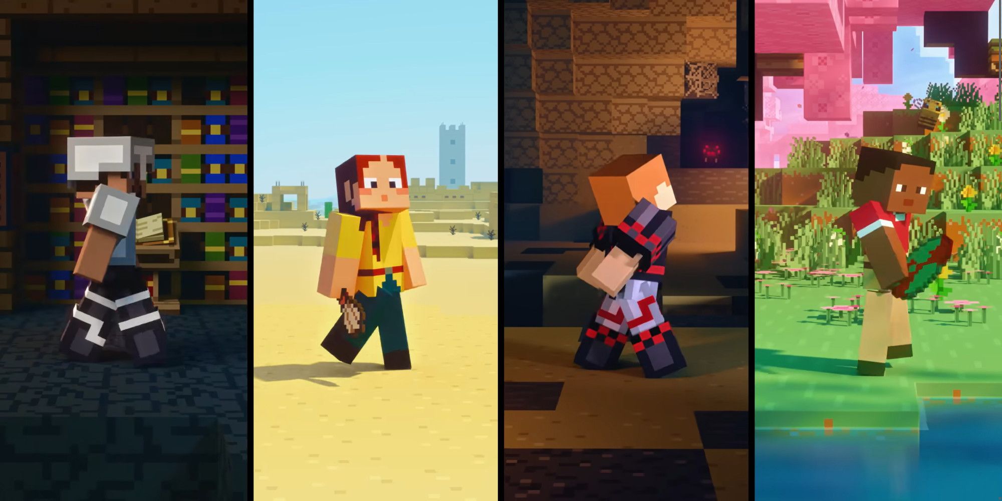 four Minecraft character walking in a line in various different environments