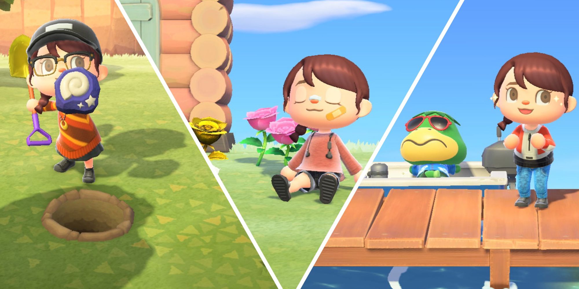 From left to right, a villager digging up a fossil, a villagers sitting with roses, and a villager posing with Kapp'n