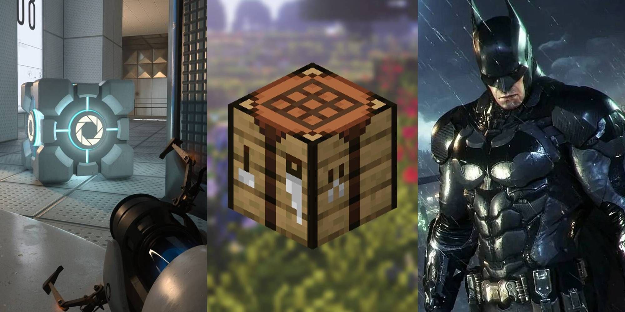 A collage of images featuring Portal, Minecraft and Batman of Arkham Asylum