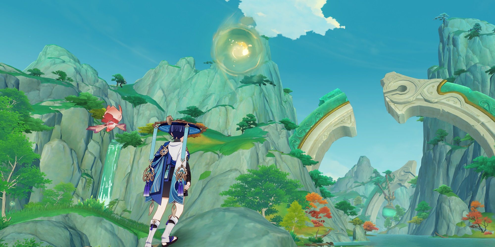 Wanderer looking into the valley of Chenyu Vale in Genshin Impact. 