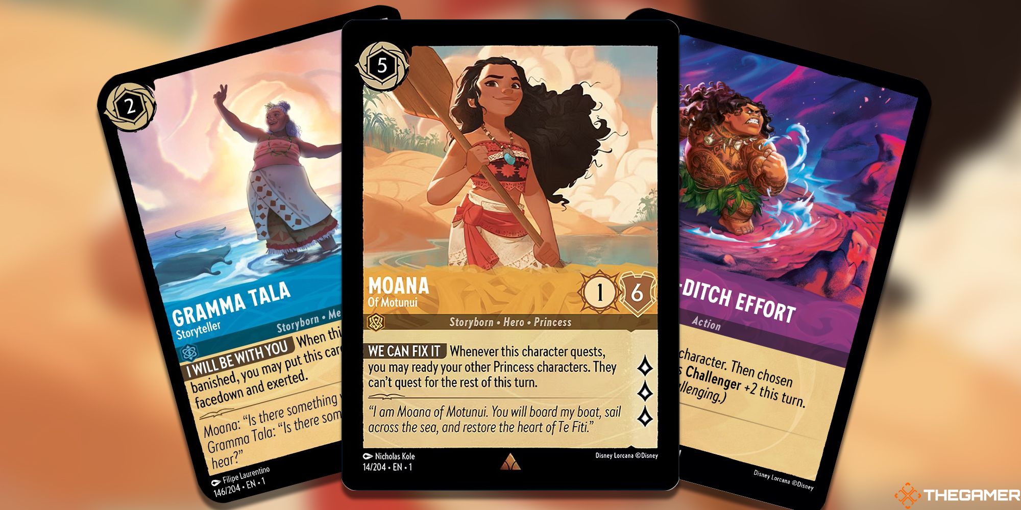 Gramma Tala, Story Teller, Moana, Of Motunui, and Last Ditch Effort Lorcana Cards over a blurred background