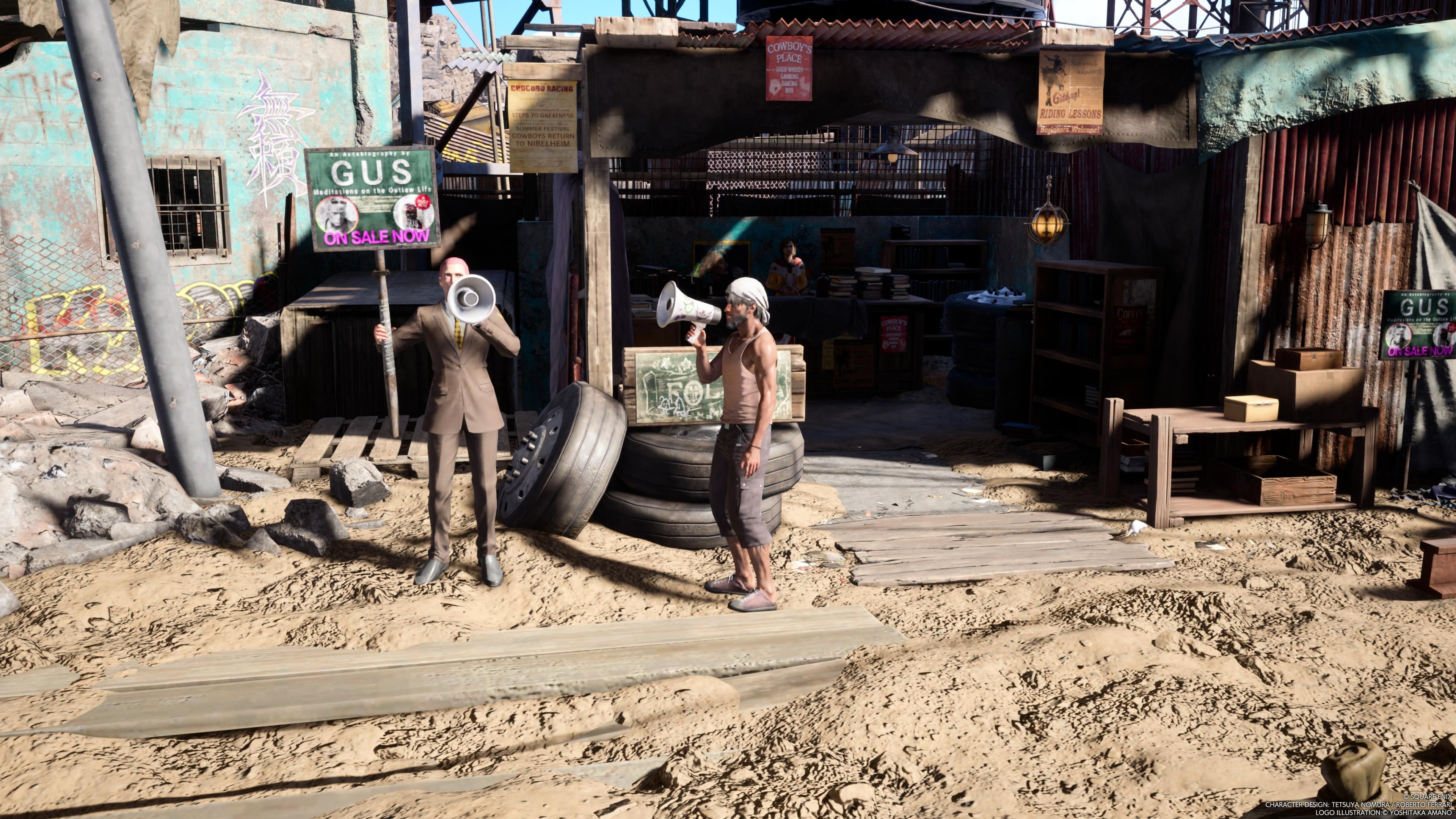 Gus&rsquo;s autobiography being sold at the FF7 Rebirth Dustbowl