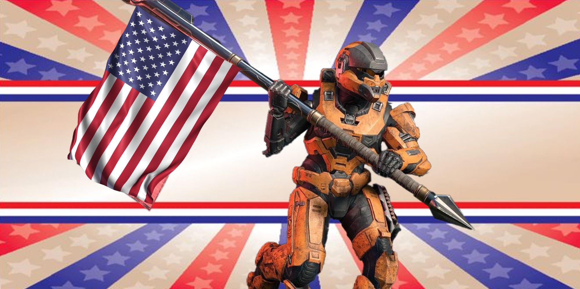 A soldier in Halo holding the American flag. 