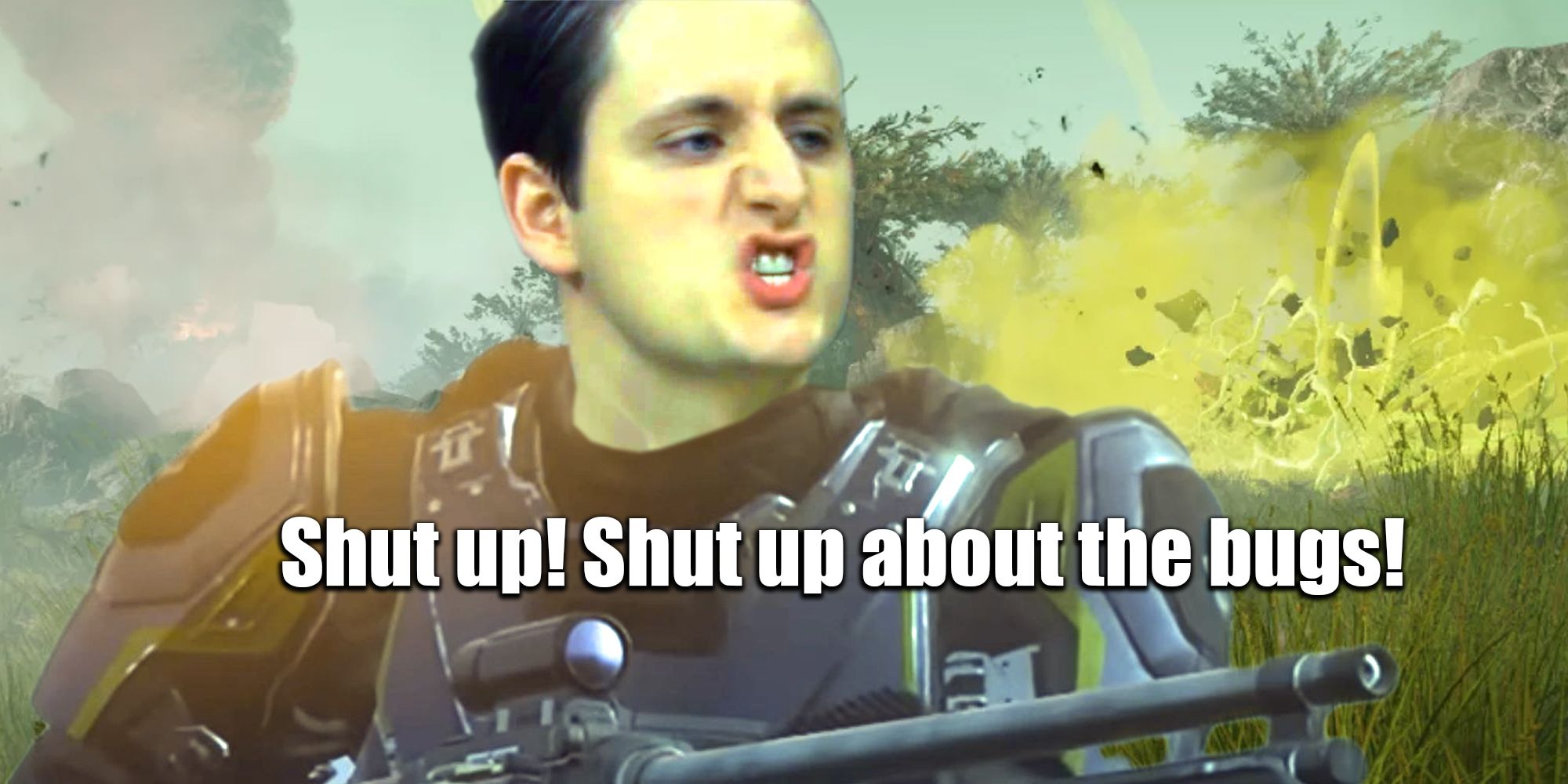 Gabe Lewis from The Office in a Helldiver suit, holding a rifle and shouting 