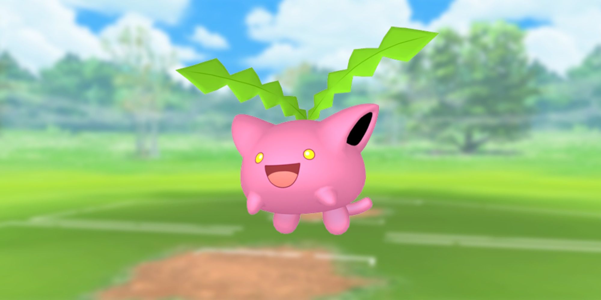 Image of Hoppip from Pokemon with the Pokemon Go battlefield as the background