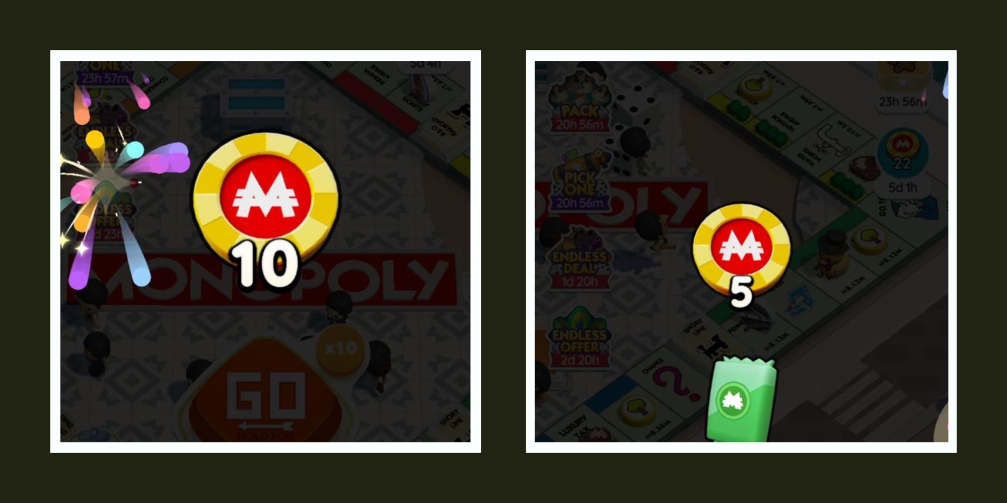 10 Peg-e tokens on the left, 5 peg-e tokens and a green sticker pack on the right in Monopoly Go