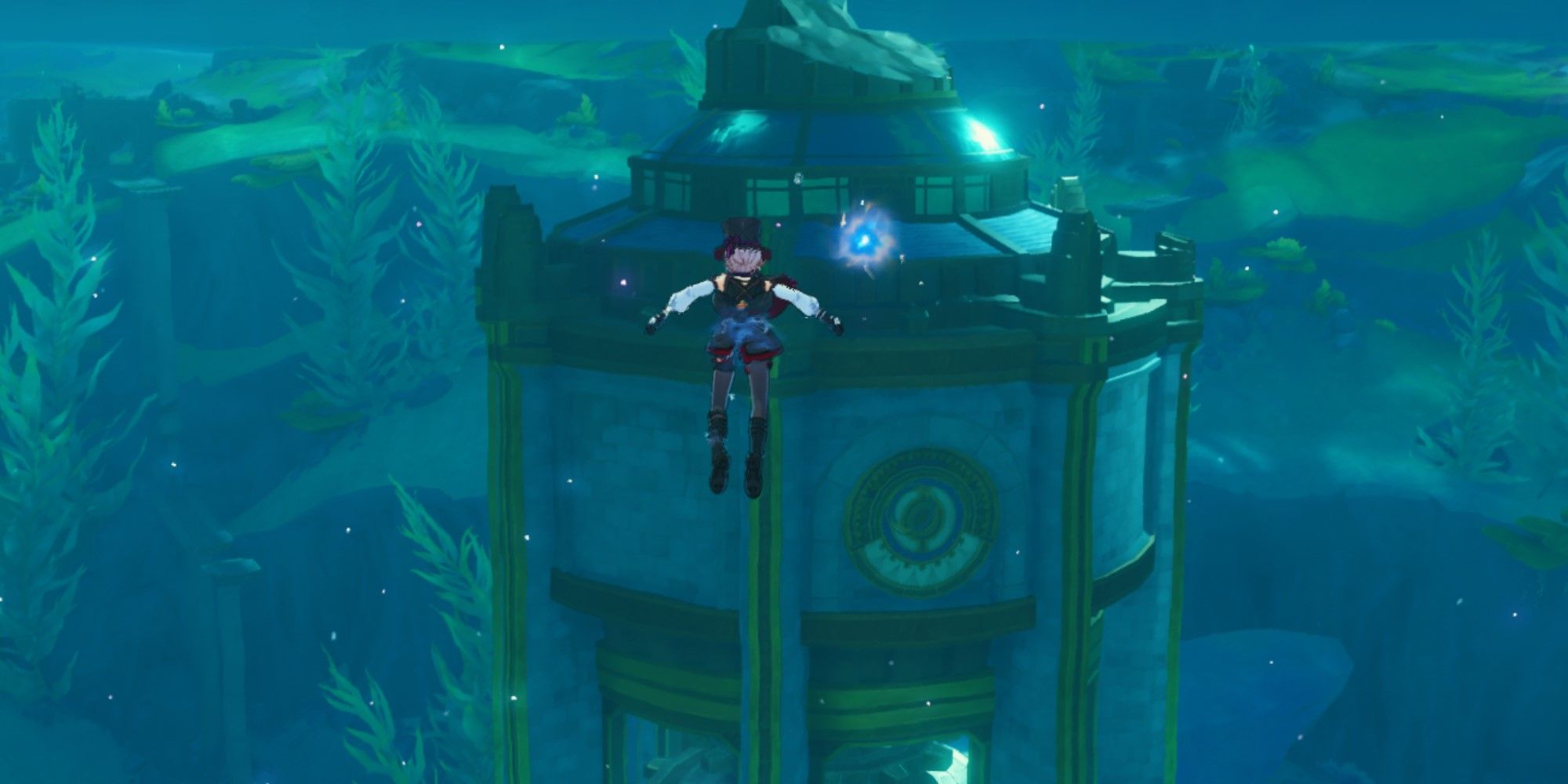 Lyney floats in front of the sealed tower in Genshin Impact.