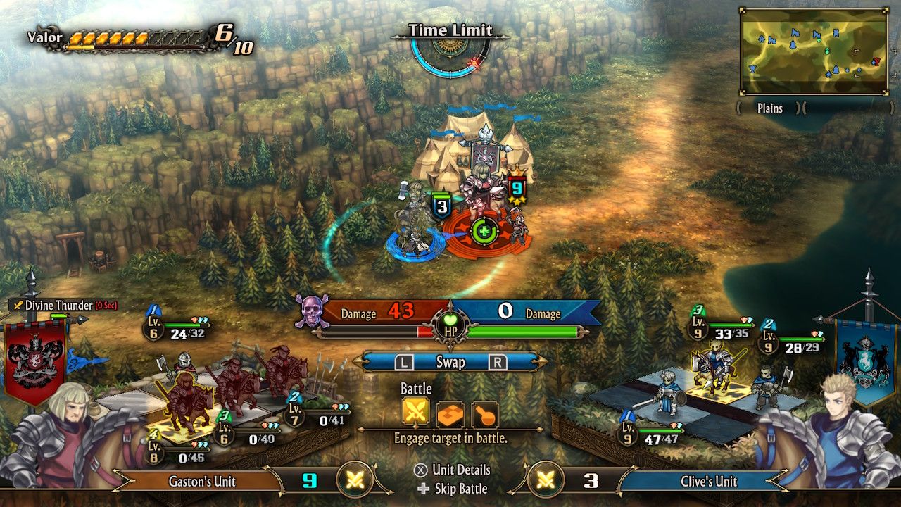 A screenshot of Clive about to engage with Gaston in Unicorn Overlord