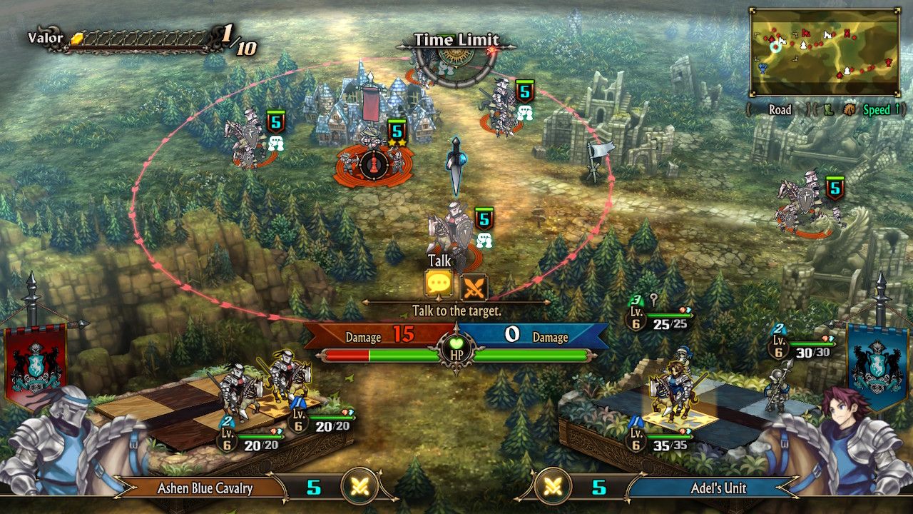 A screenshot of Unicorn Overlord showing Adel speaking to an enemy knight