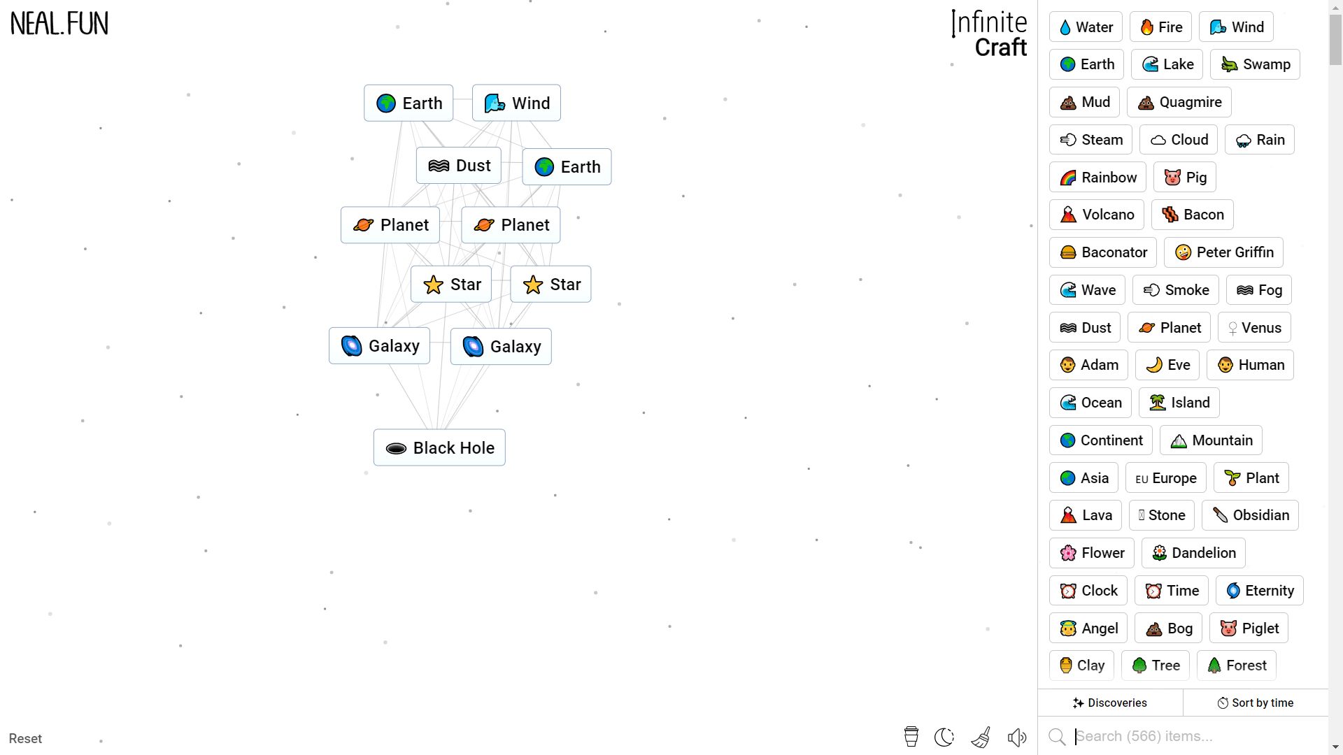 Infinite Craft, the process of crafting Black Hole