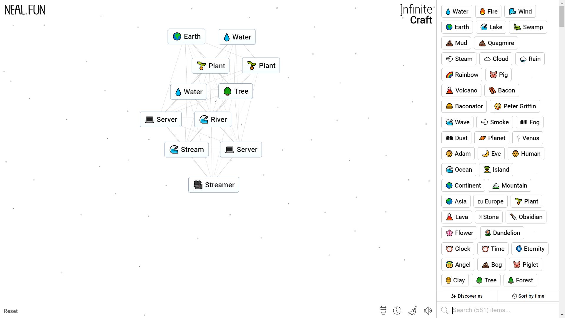 Infinite Craft, the process of crafting Streamer