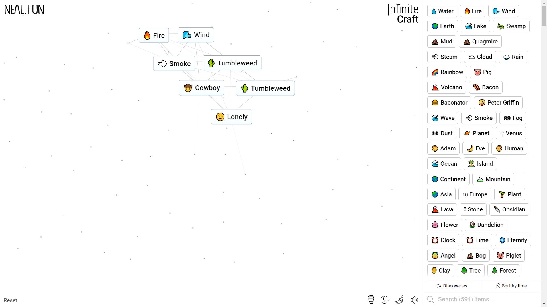 Infinite Craft, the process of crafting Lonely