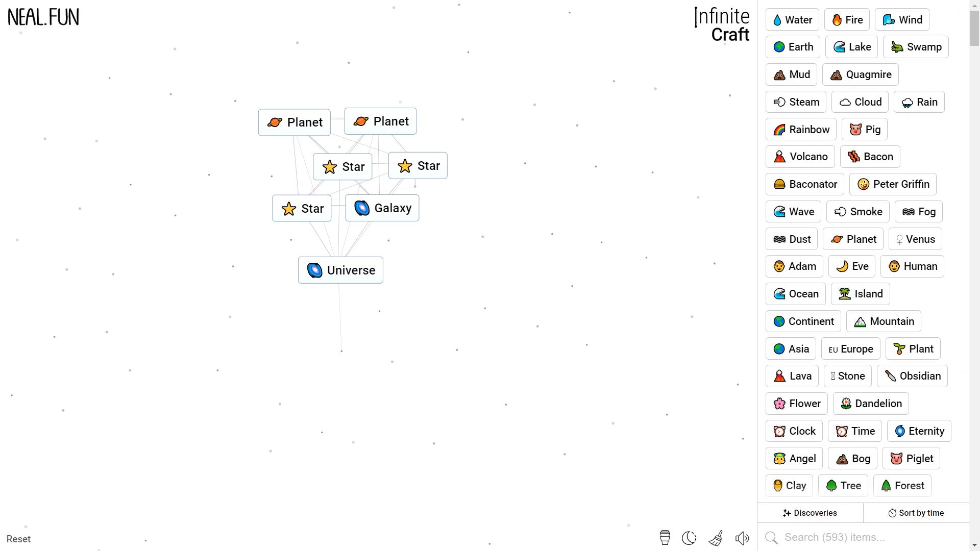 Infinite Craft, the process of crafting Universe