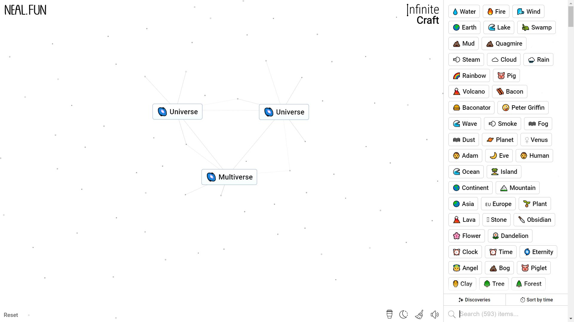 Infinite Craft, the process of crafting Multiverse