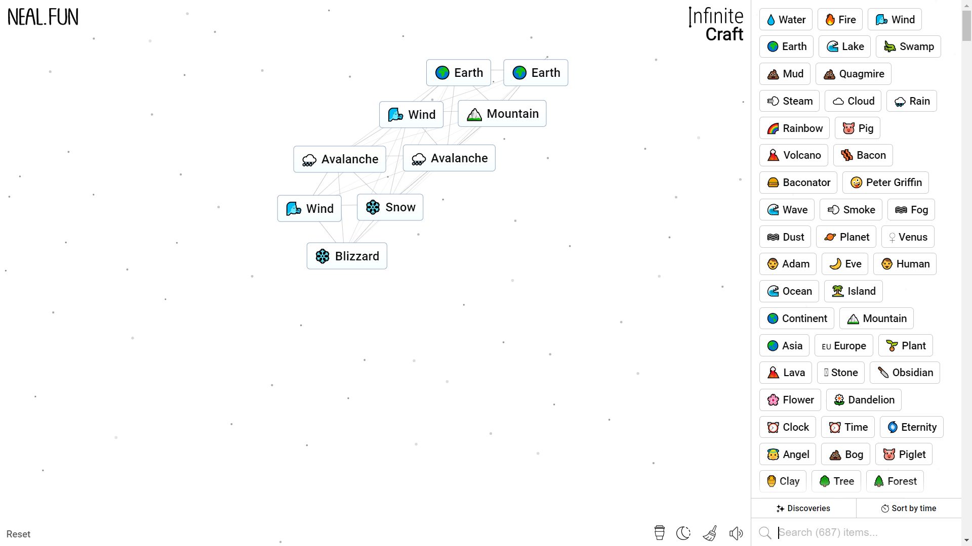 Infinite Craft, the process of crafting Blizzard