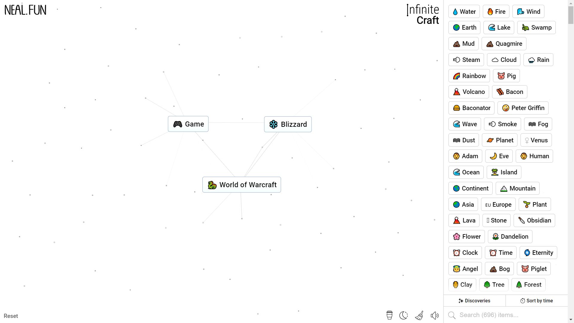Infinite Craft, the process of crafting World of Warcraft