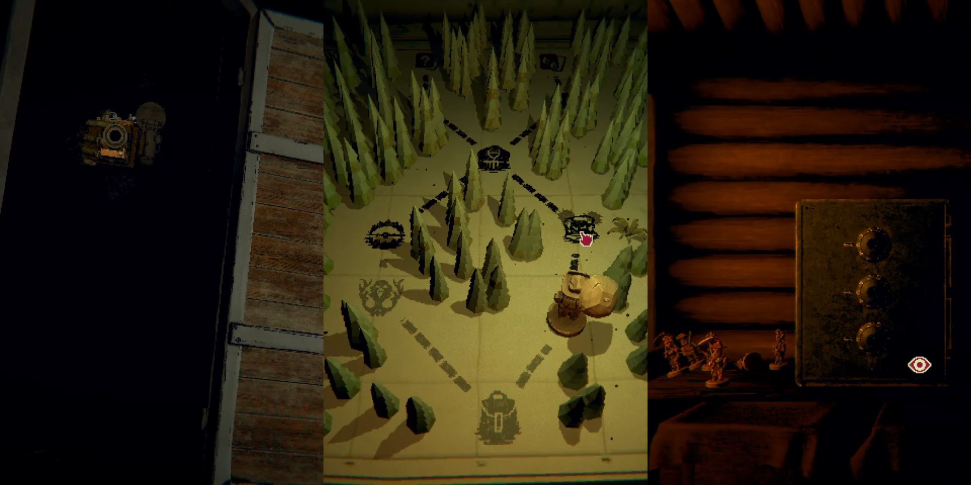 inscryption featured image with the death scene for act 1, the act 1 map, and the safe in leshy's house
