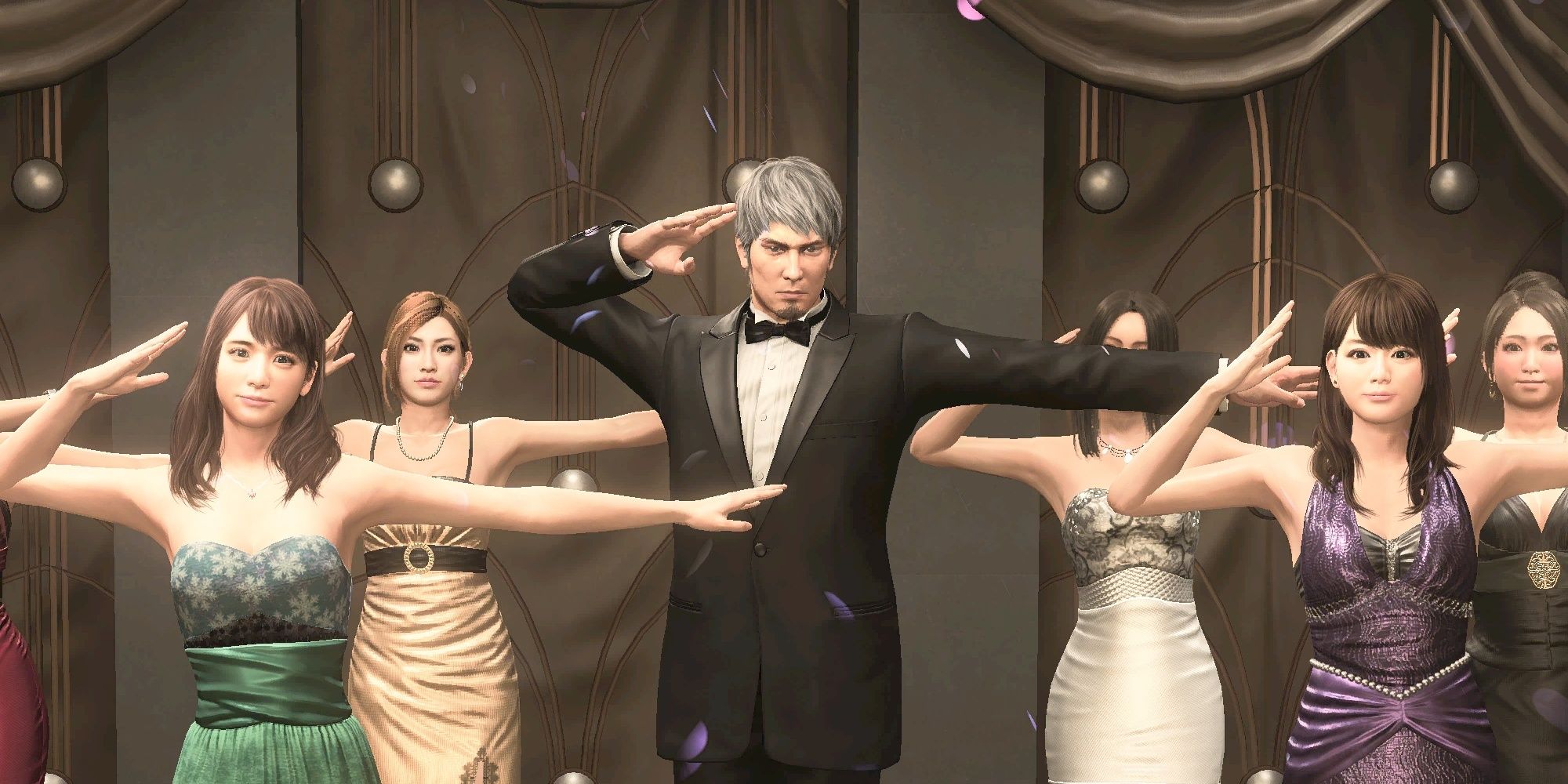 Kiryu doing the Four Shine Pose with several employees in Like A Dragon: Infinite Wealth.