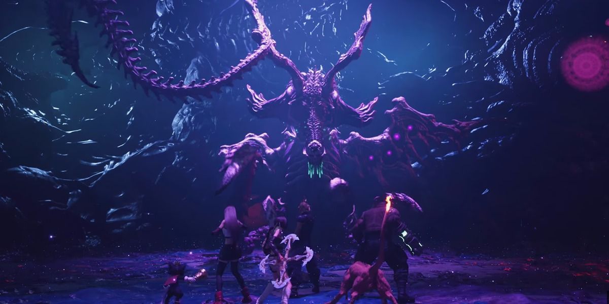 A screenshot of the whole party standing in front of Jenova Lifeclinger in FF7 Rebirth.