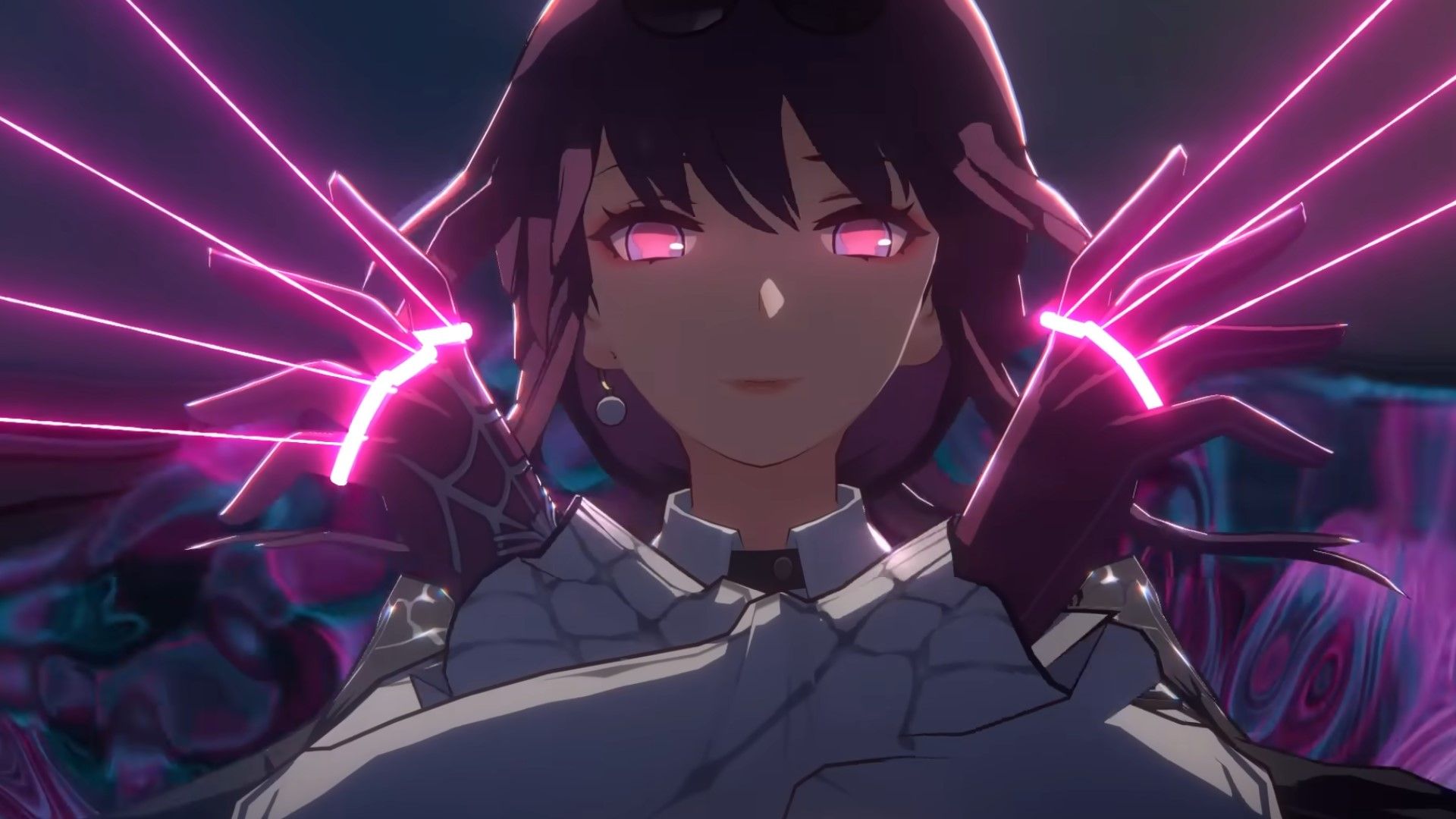 Kafka holds red threads in Honkai Star Rail.