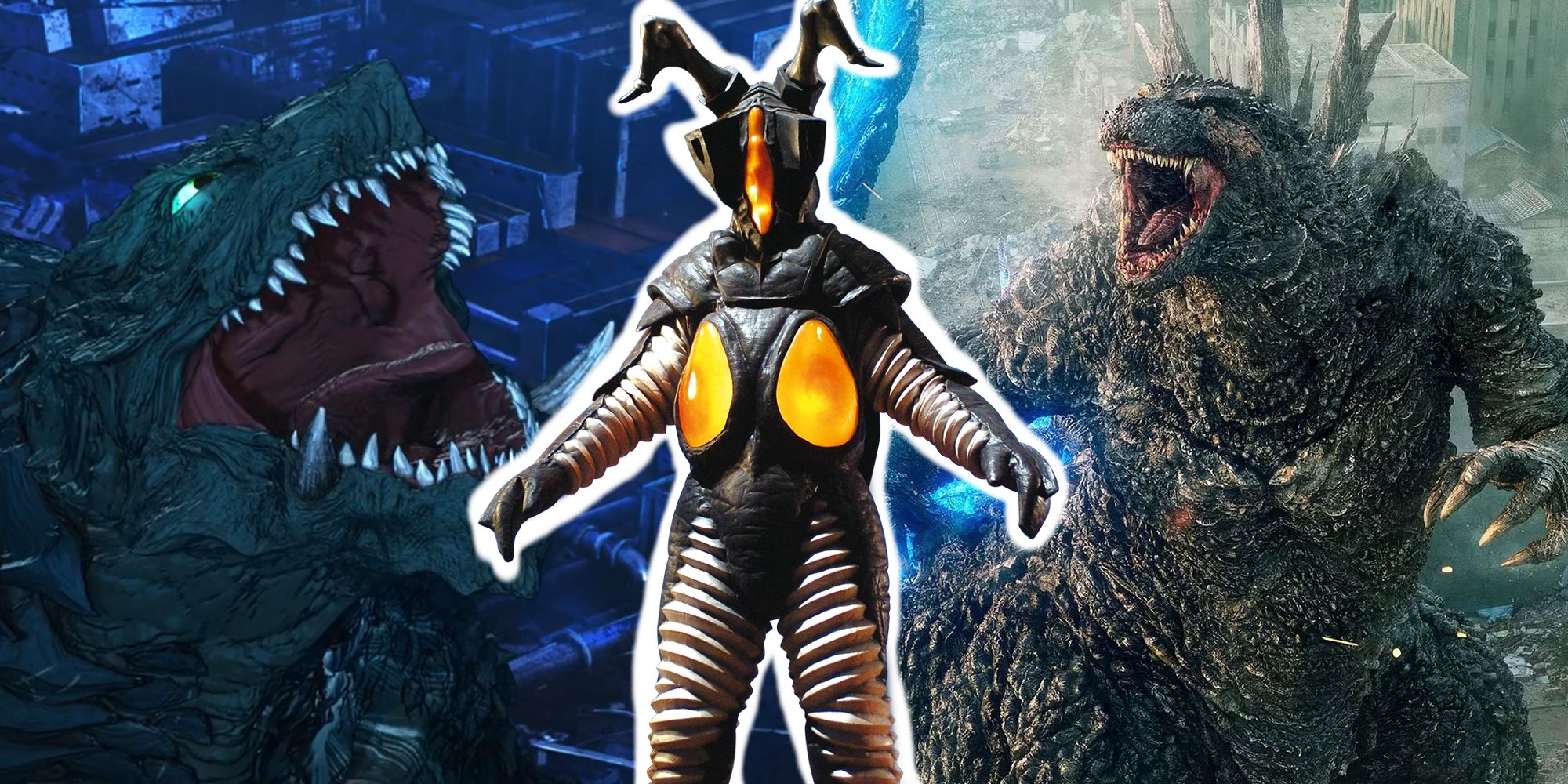 A split image featuring Gamera, Zetton, and Godzilla.