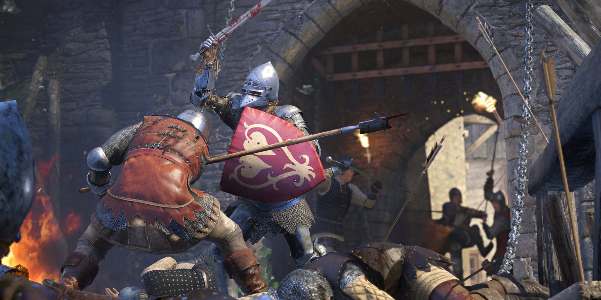 Kingdom Come Deliverance: Two Knights Hitting Each Other With Weapons Infront Of Castle Gates