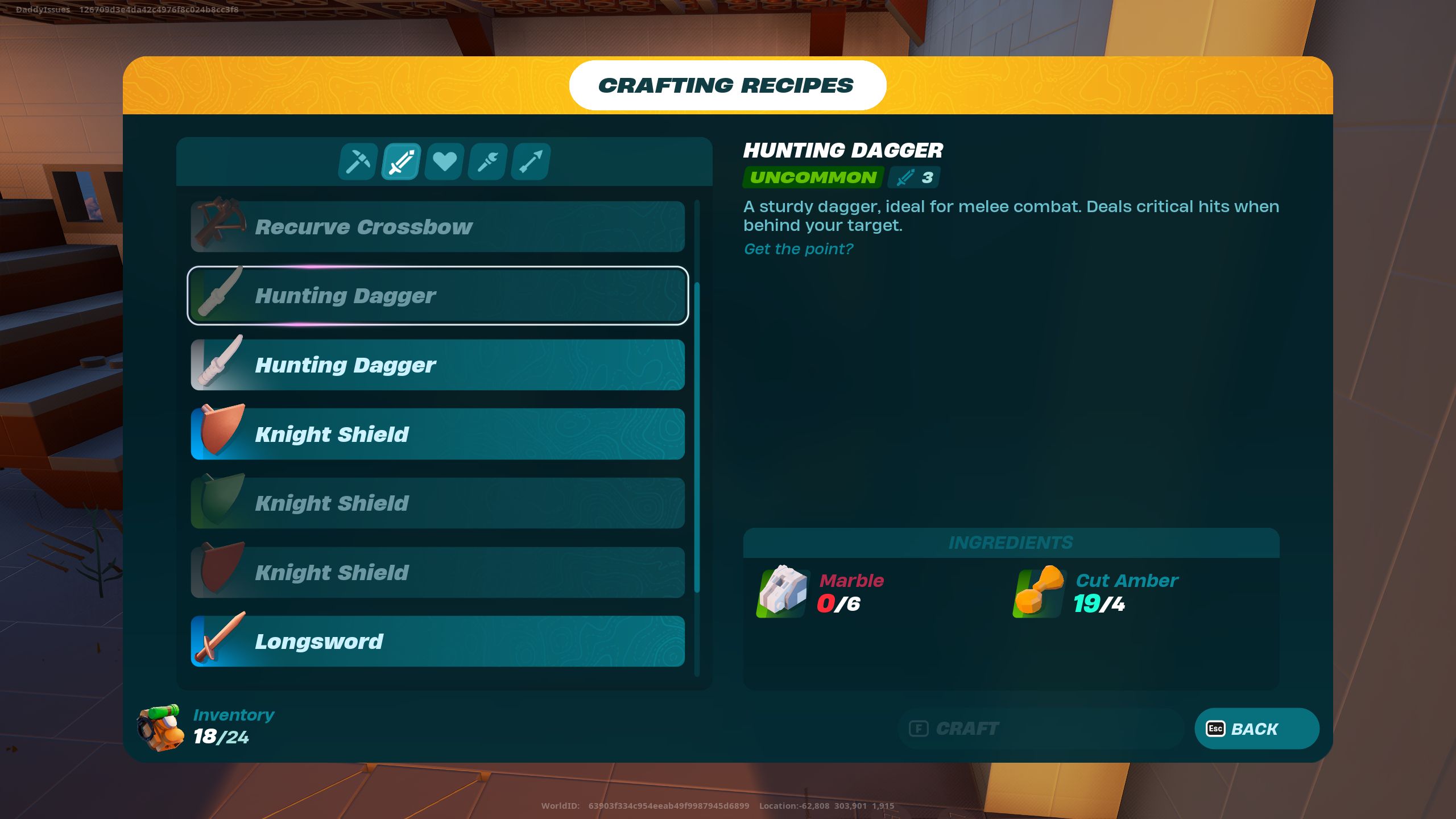 An image from Lego Fornite of the Uncommon Hunting Dagger Recipe, which requires six marble and four cut amber.