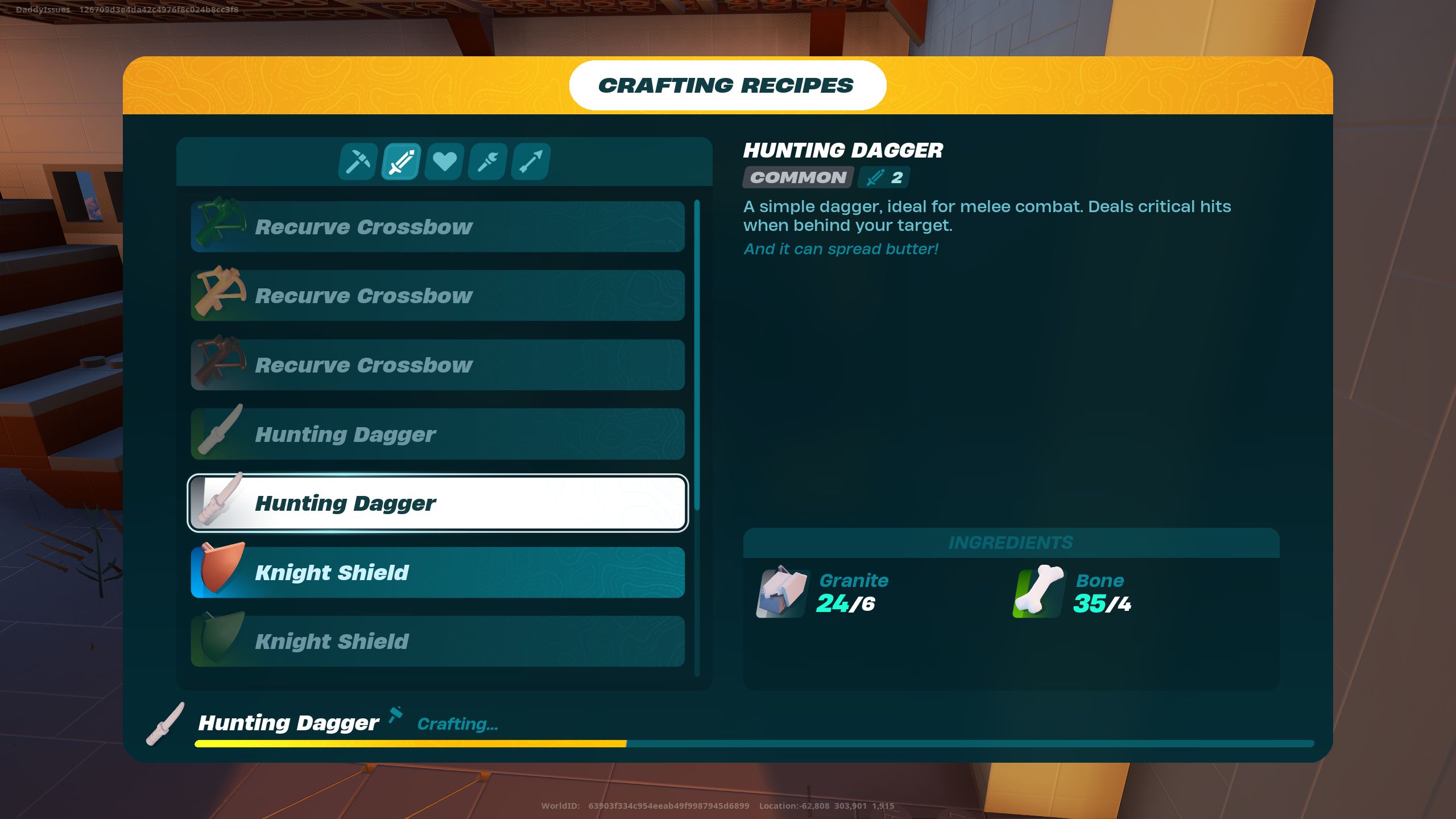 An image from Lego Fortnite of the Common Hunting Dagger Recipe, which requires six granite and four bones.