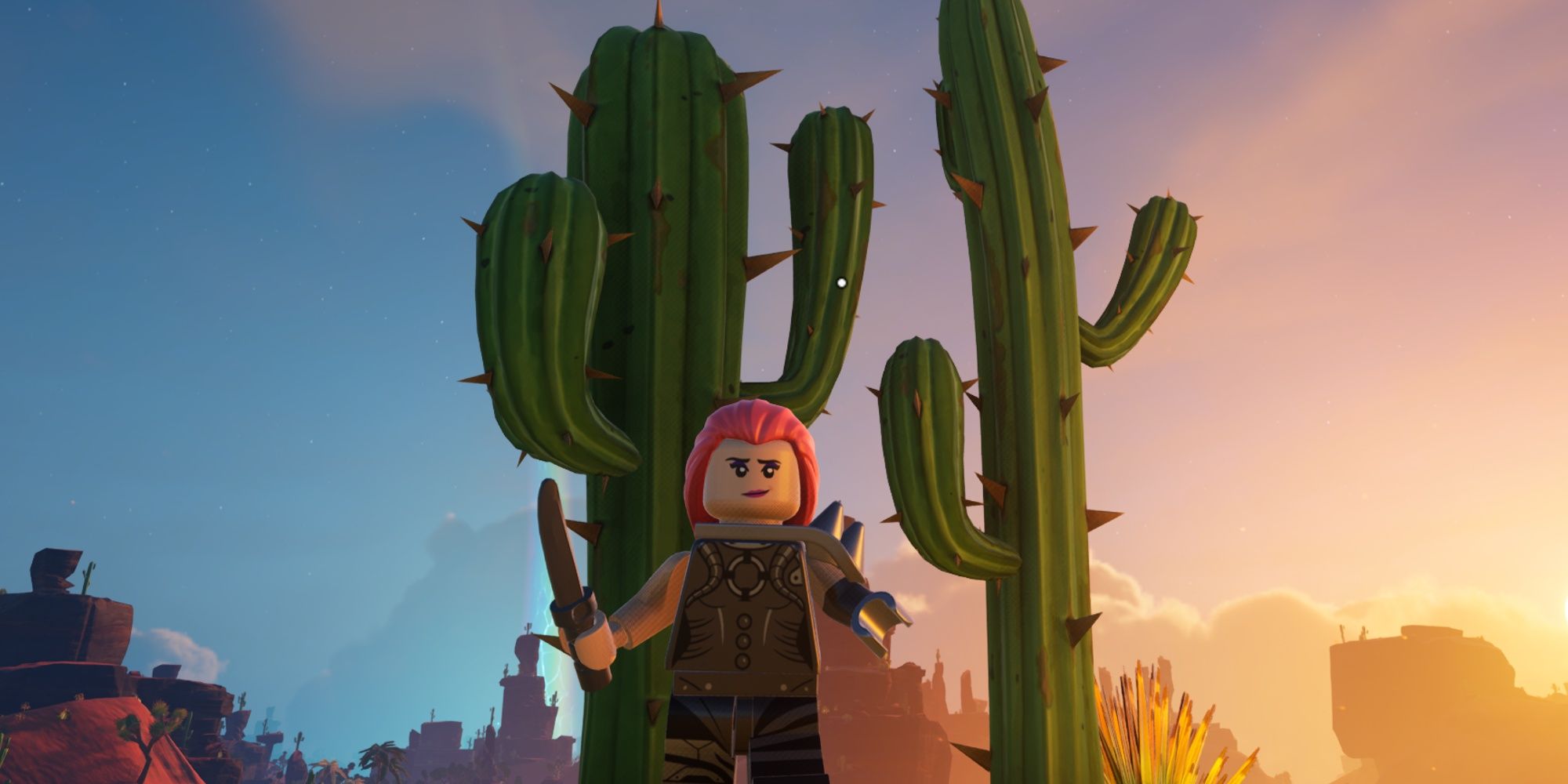 An image from Lego Fortnite of the playable character wielding the common Hunting Dagger in the Dry Valley Biome