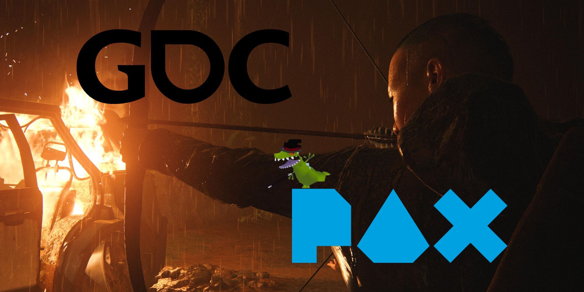 Lev firing a bow in The Last of Us with the GDC and PAX logos, and Reptar dancing