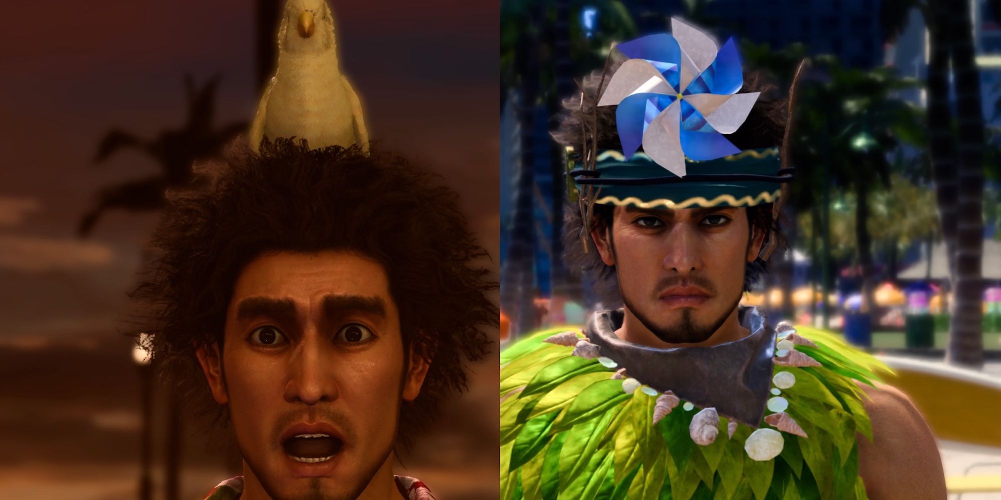 Kasuga surprised with a bird on his head on the left and Kasuga dressed as a shaman on the right.