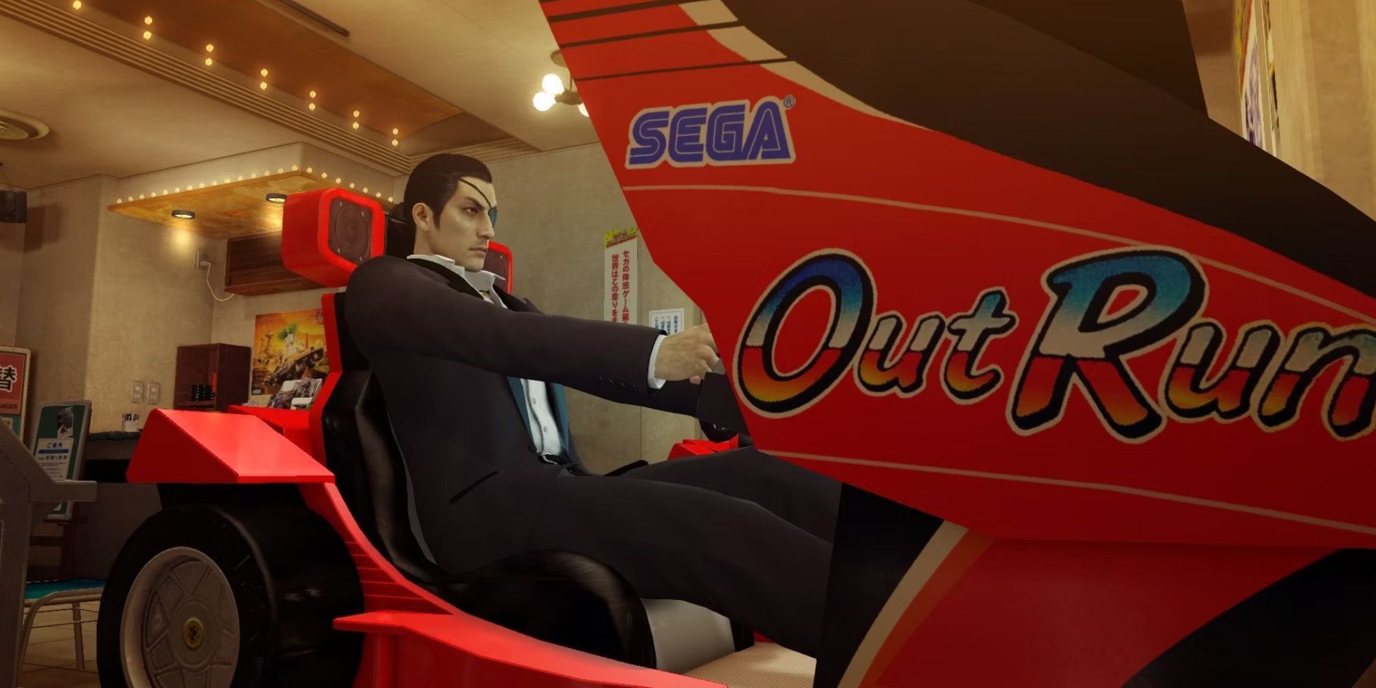 A player using an Outrun arcade machine in a Like a Dragon game. 